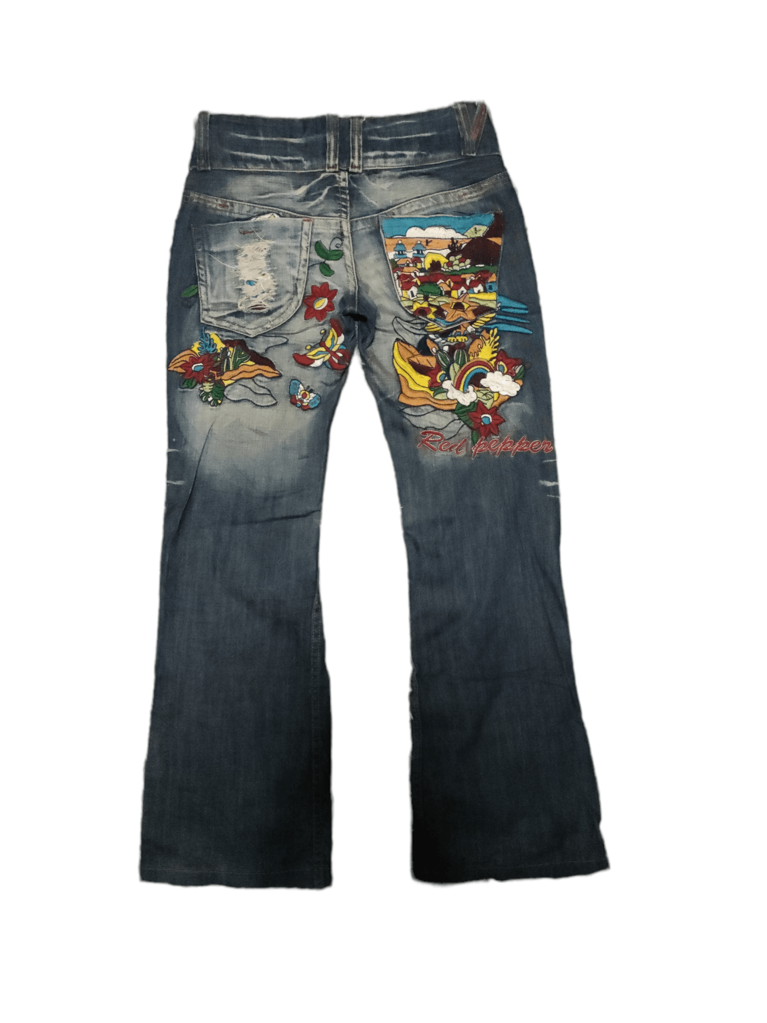 Japanese Brand Flare 🔥Red Pepper Embroided Distressed Jeans Size US 32 / EU 48 - 1 Thumbnail