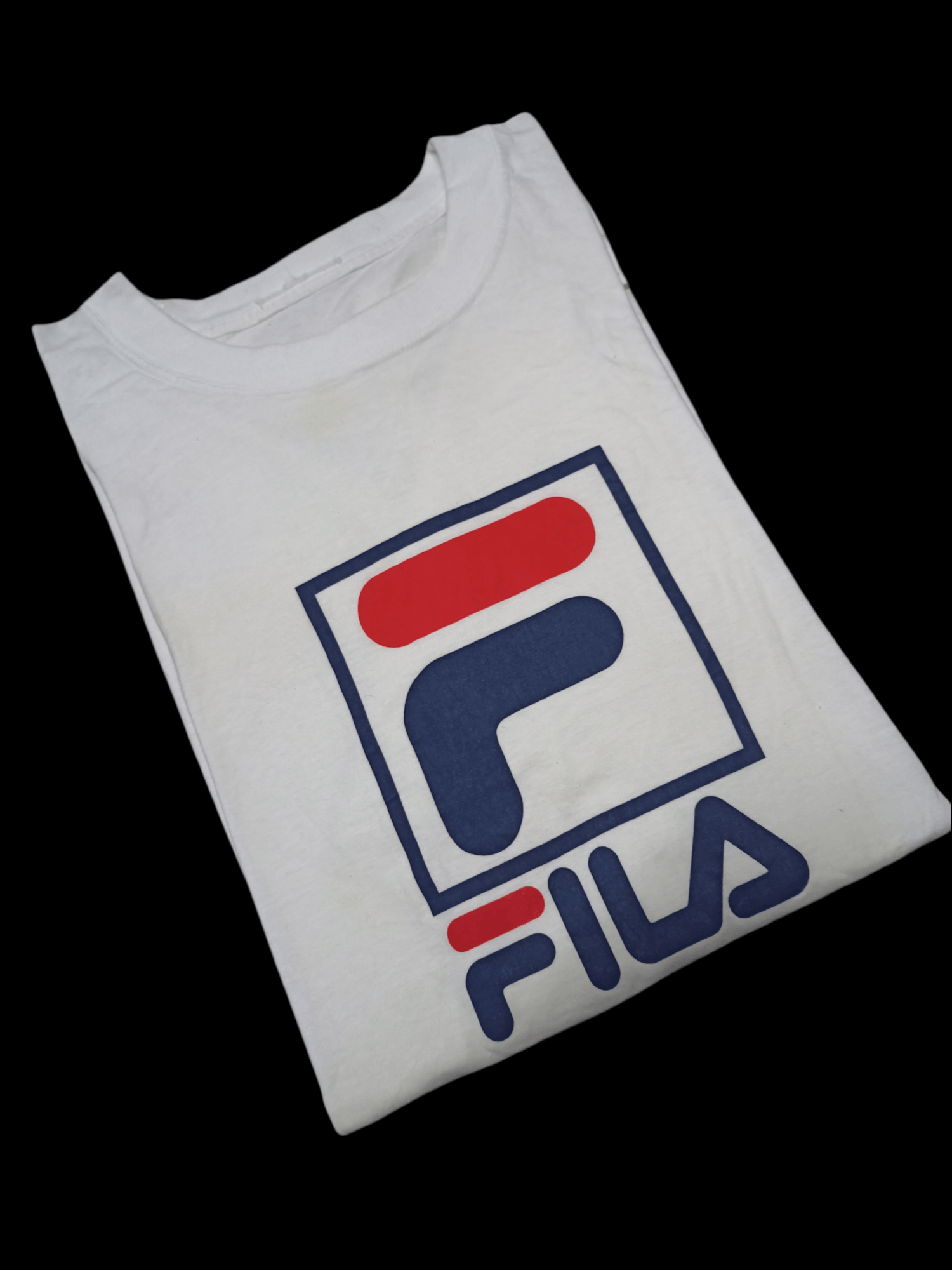 image of OG 90's Fila Stacked Logo Oversized White T Shirts, Men's (Size Large)