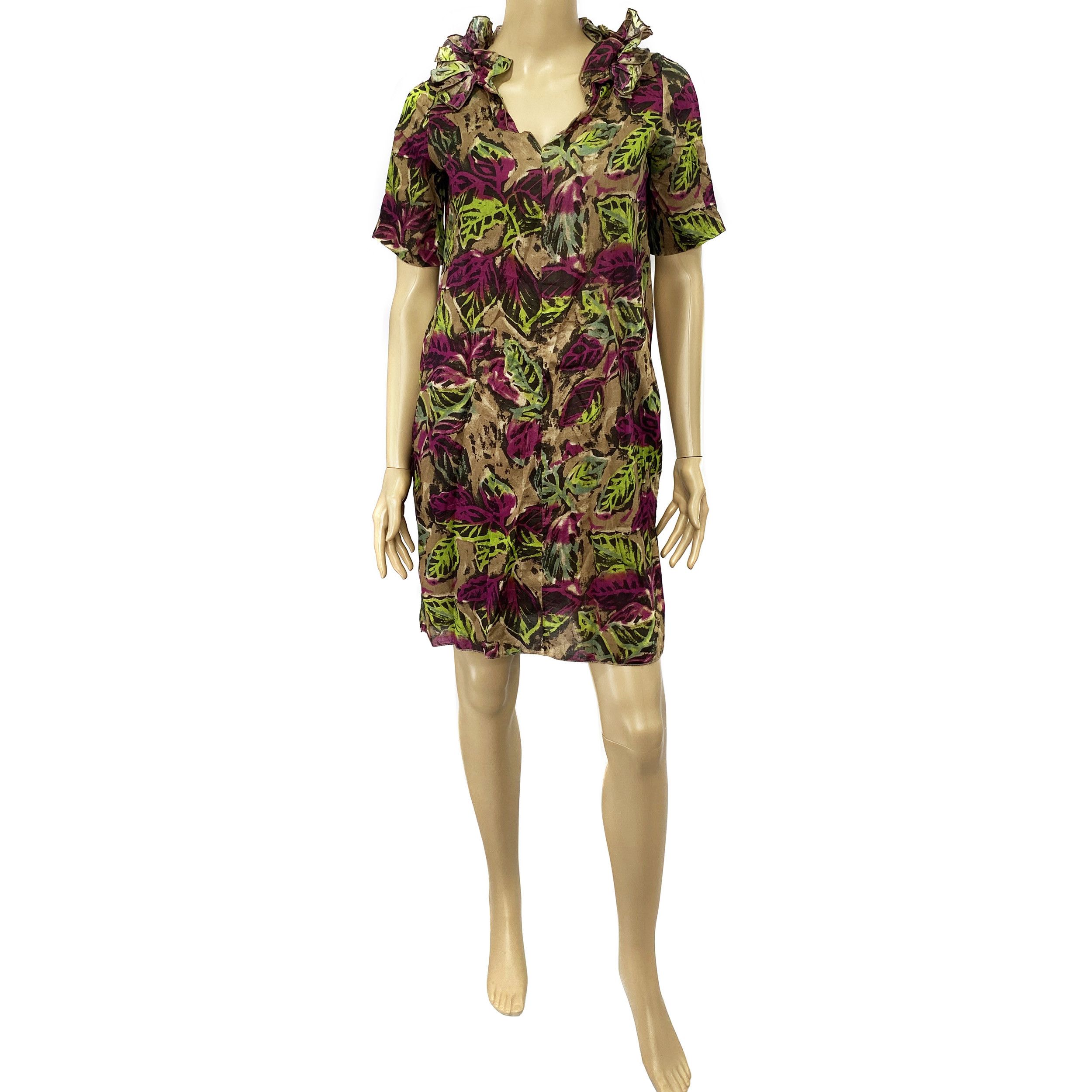 Marni Brown Red Green Mix Floral Ruffled Shift Dress
