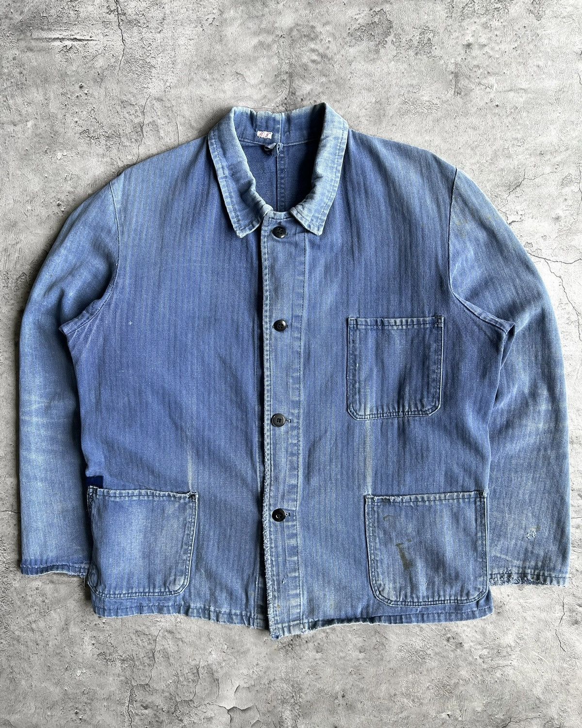 image of Vintage 1950S Sun Faded Hbt French Work Repaired Chore Jacket (L) in Blue, Men's (Size Large)