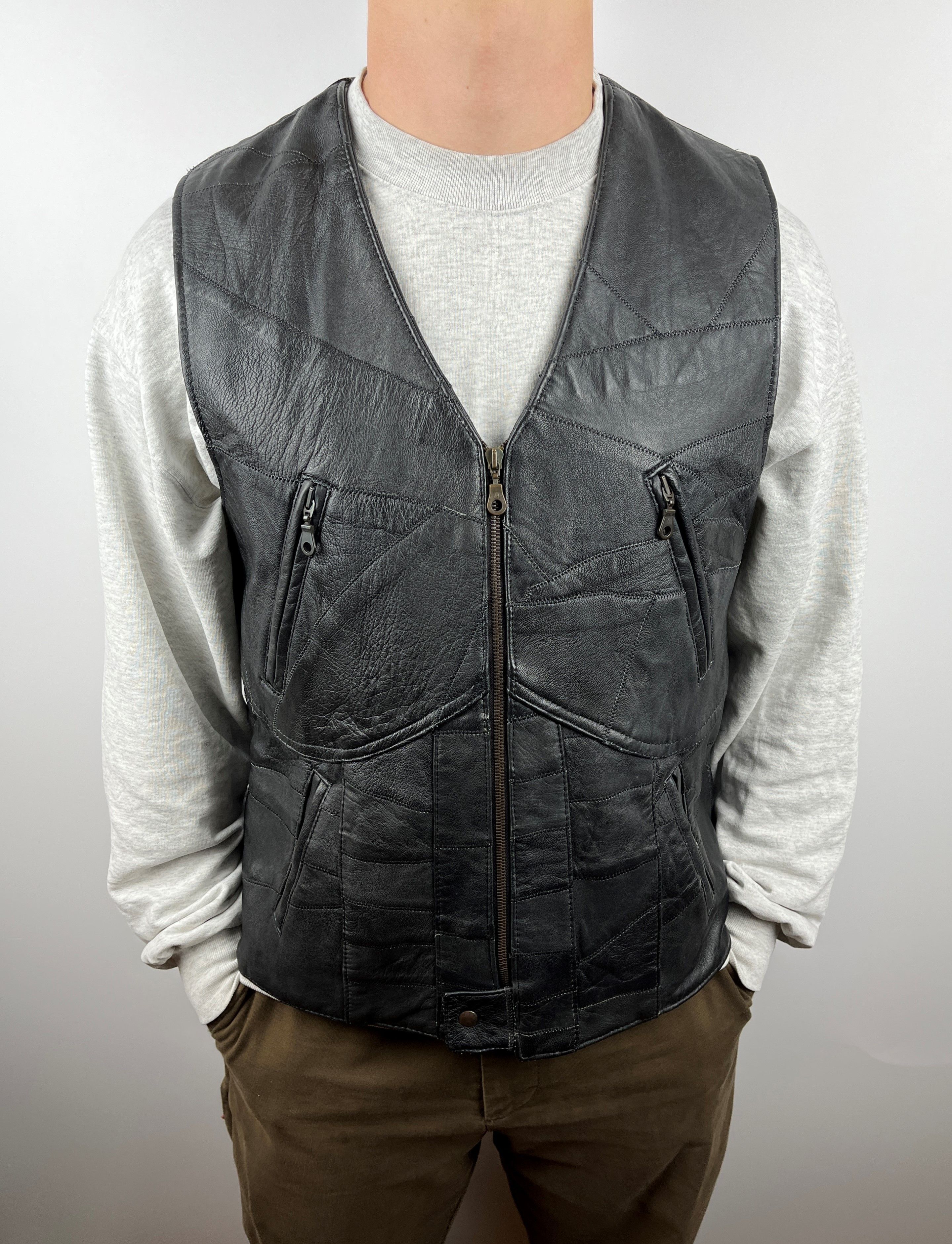 Genuine Leather × Vintage 90's Vintage Leather Patchwork Waistcoat Vest Biker Western Size US XL / EU 56 / 4 - 2 Thumbnail