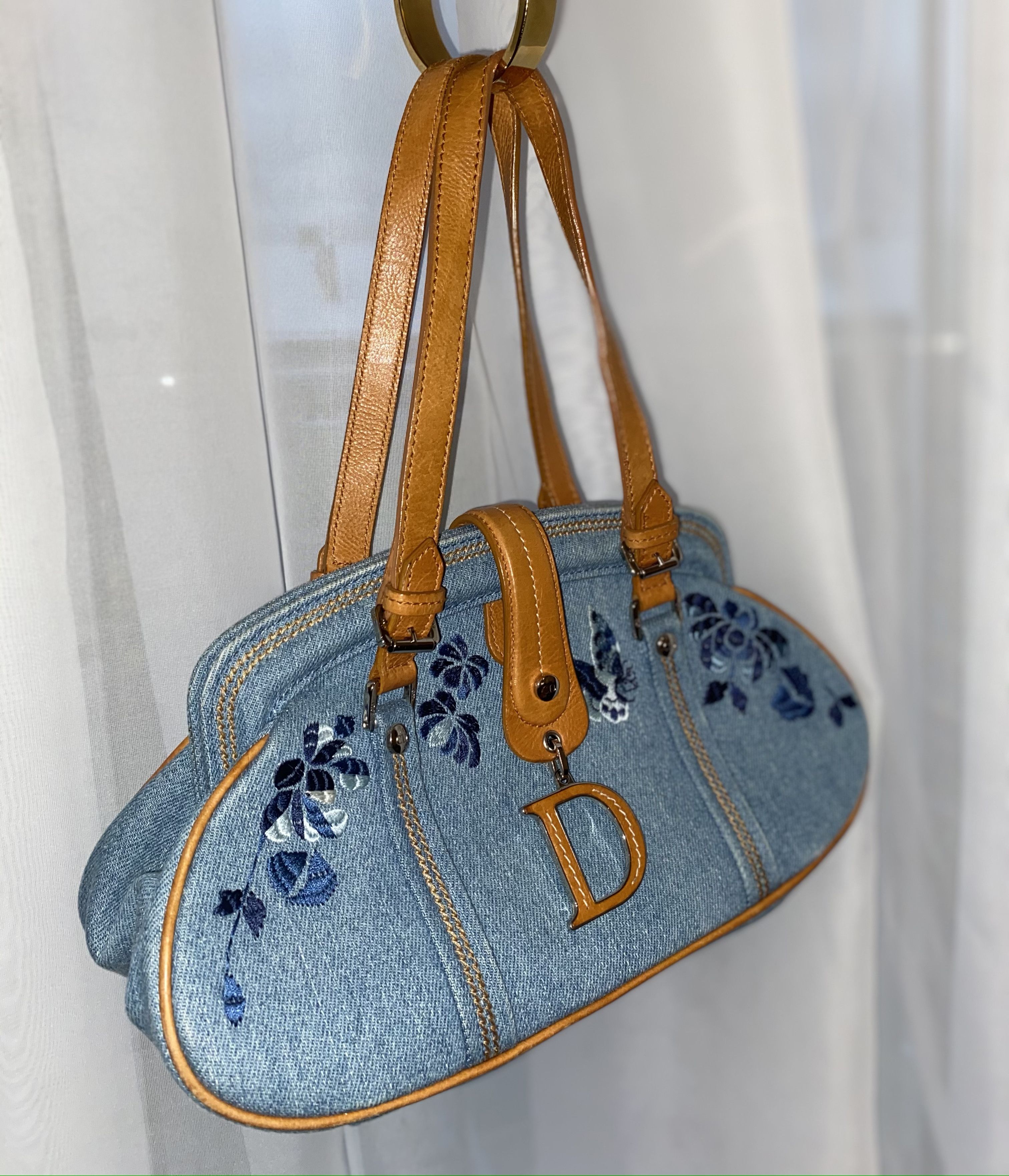 Christian Dior Vintage Denim Floral Embroidered Detective Bag - Blue Handle  Bags, Handbags - CHR180400