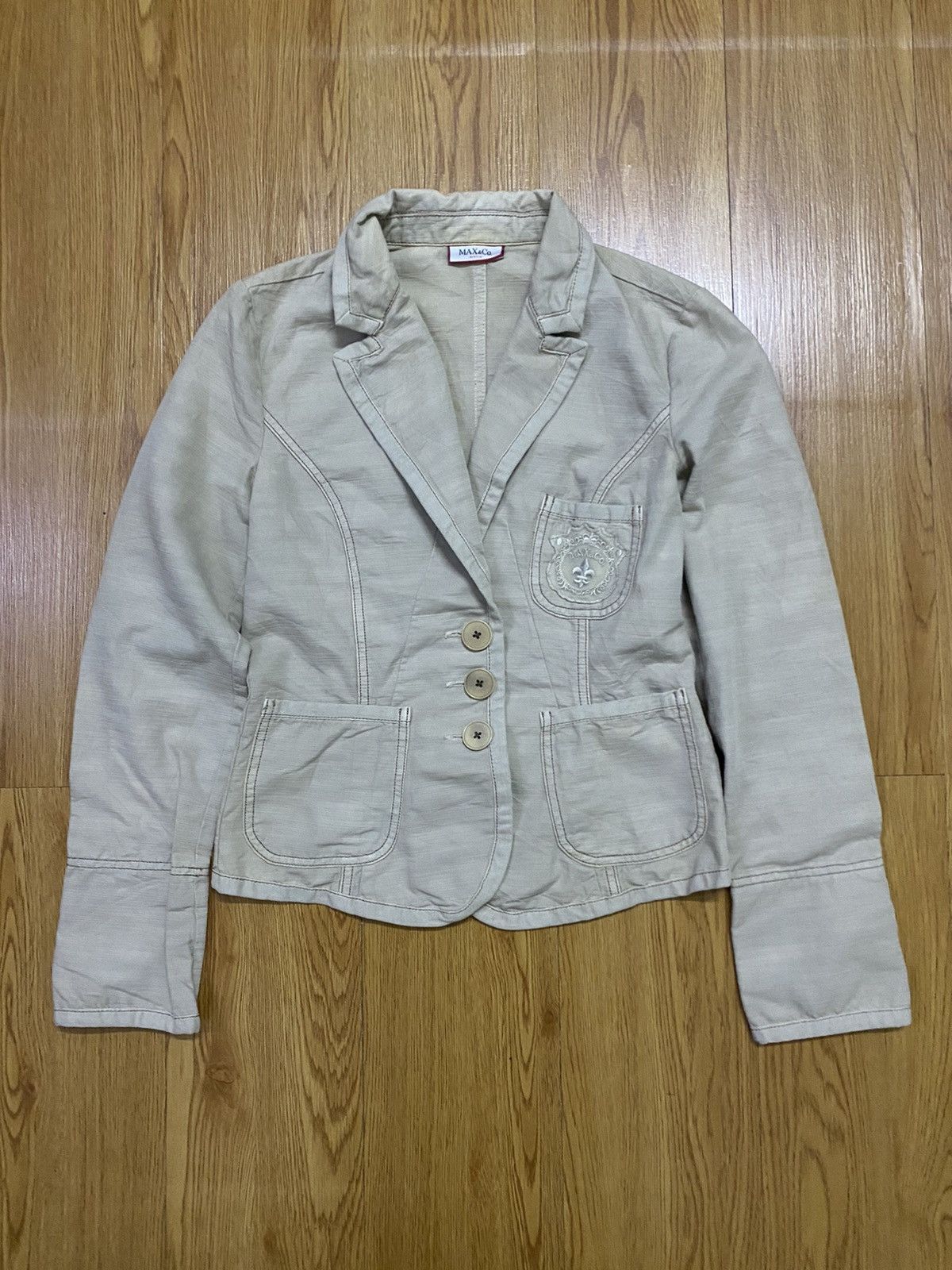 Veste Ancienne Max Mara En Lin Kaki Clair - Taille 44 - Manches Courtes - Occasion Très Bon état