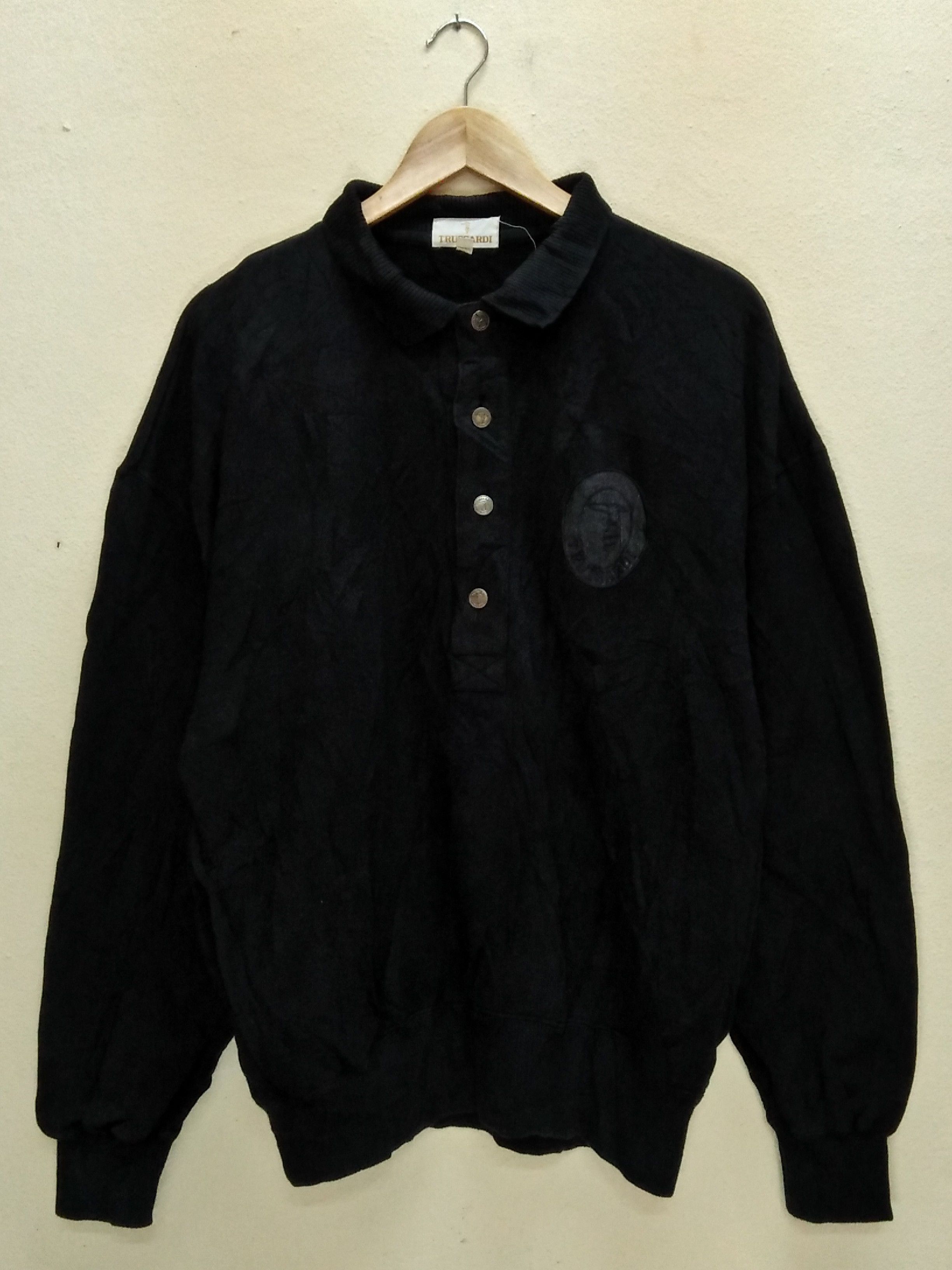 Trussardi × Vintage TRUSSARDI Embroidered Black Collared Sweatshirt. Size US L / EU 52-54 / 3 - 1 Thumbnail