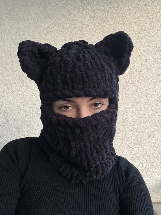 Handmade Cat balaclava with ears . Black full face mask. Ski mask hat ...