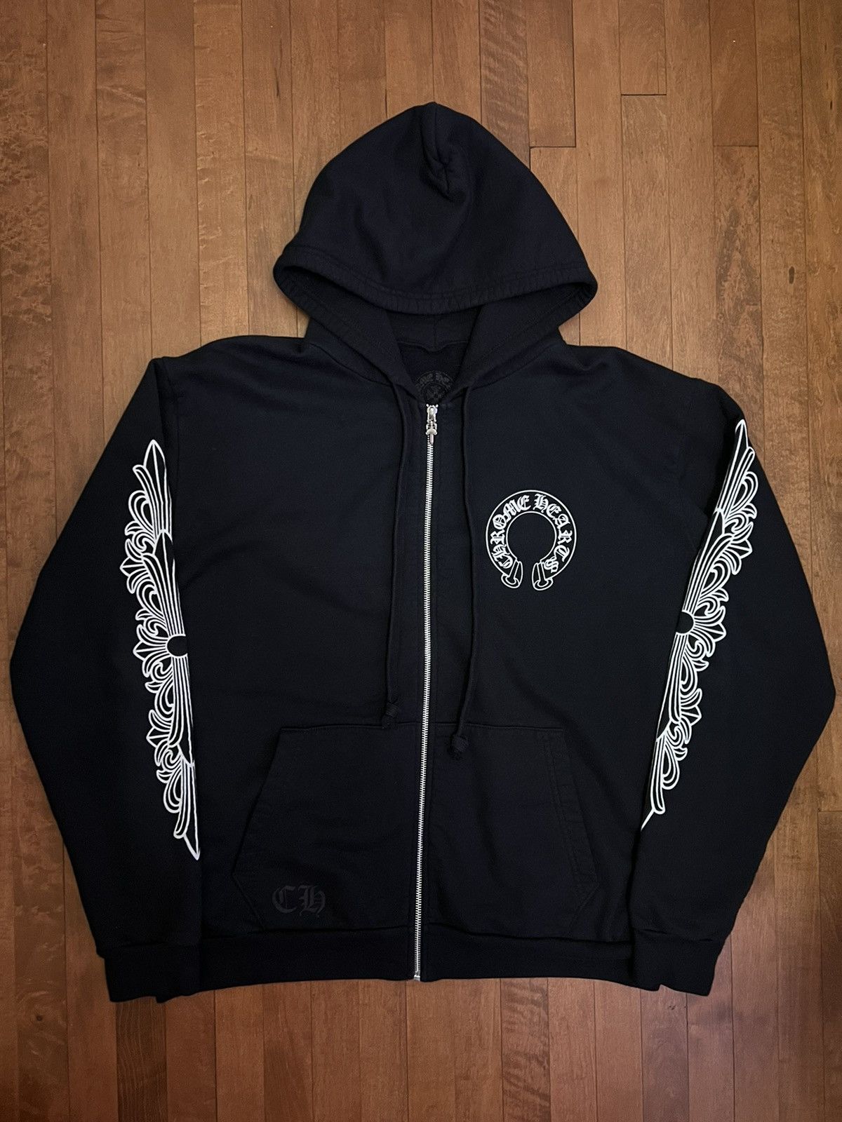 Black Chrome Hearts zip up horse shoe floral arm sz L hoodie