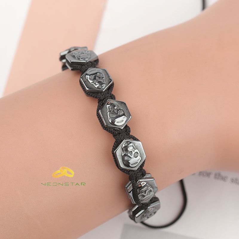 Jewelry 18-26cm Adjustable Hexagonal Skull Hematite Bracelet Size ONE SIZE - 1 Thumbnail