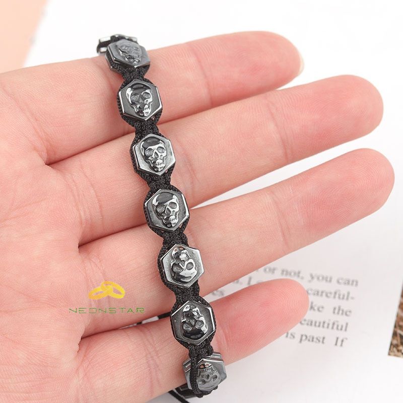 Jewelry 18-26cm Adjustable Hexagonal Skull Hematite Bracelet Size ONE SIZE - 8 Thumbnail