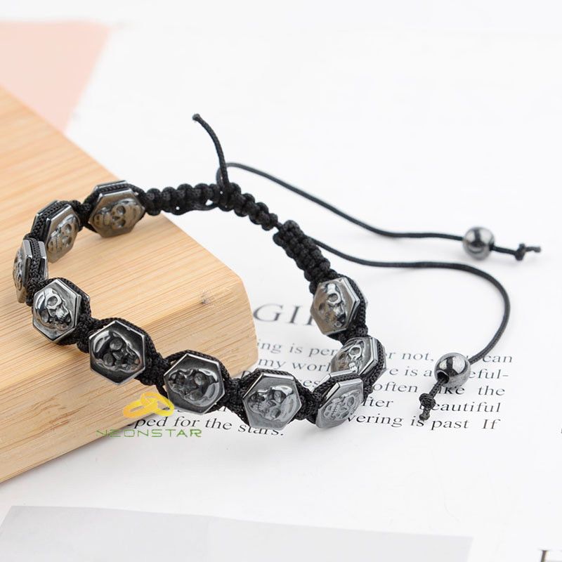 Jewelry 18-26cm Adjustable Hexagonal Skull Hematite Bracelet Size ONE SIZE - 4 Thumbnail