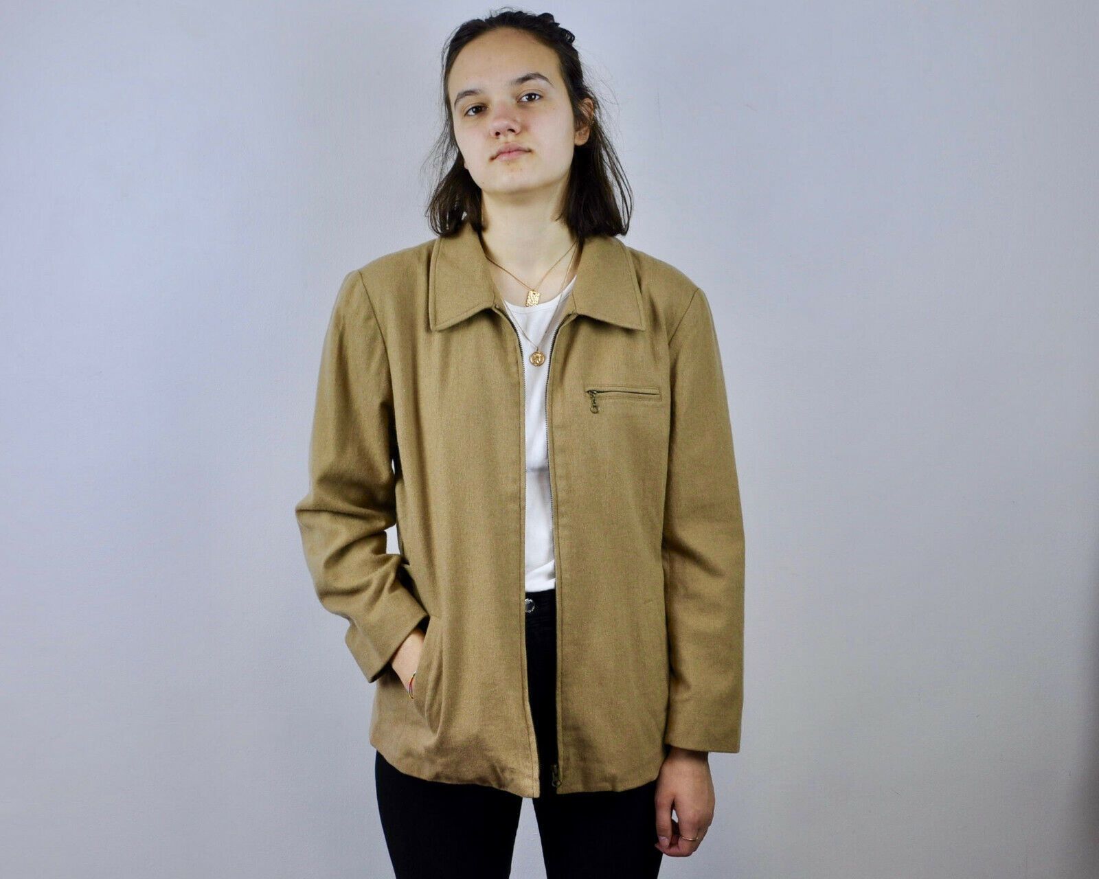 Jones New York JONES & CO Suit Jacket Wool Blend Zip Coat US 12 Tan UK 16 Size L / US 10 / IT 46 - 4 Thumbnail