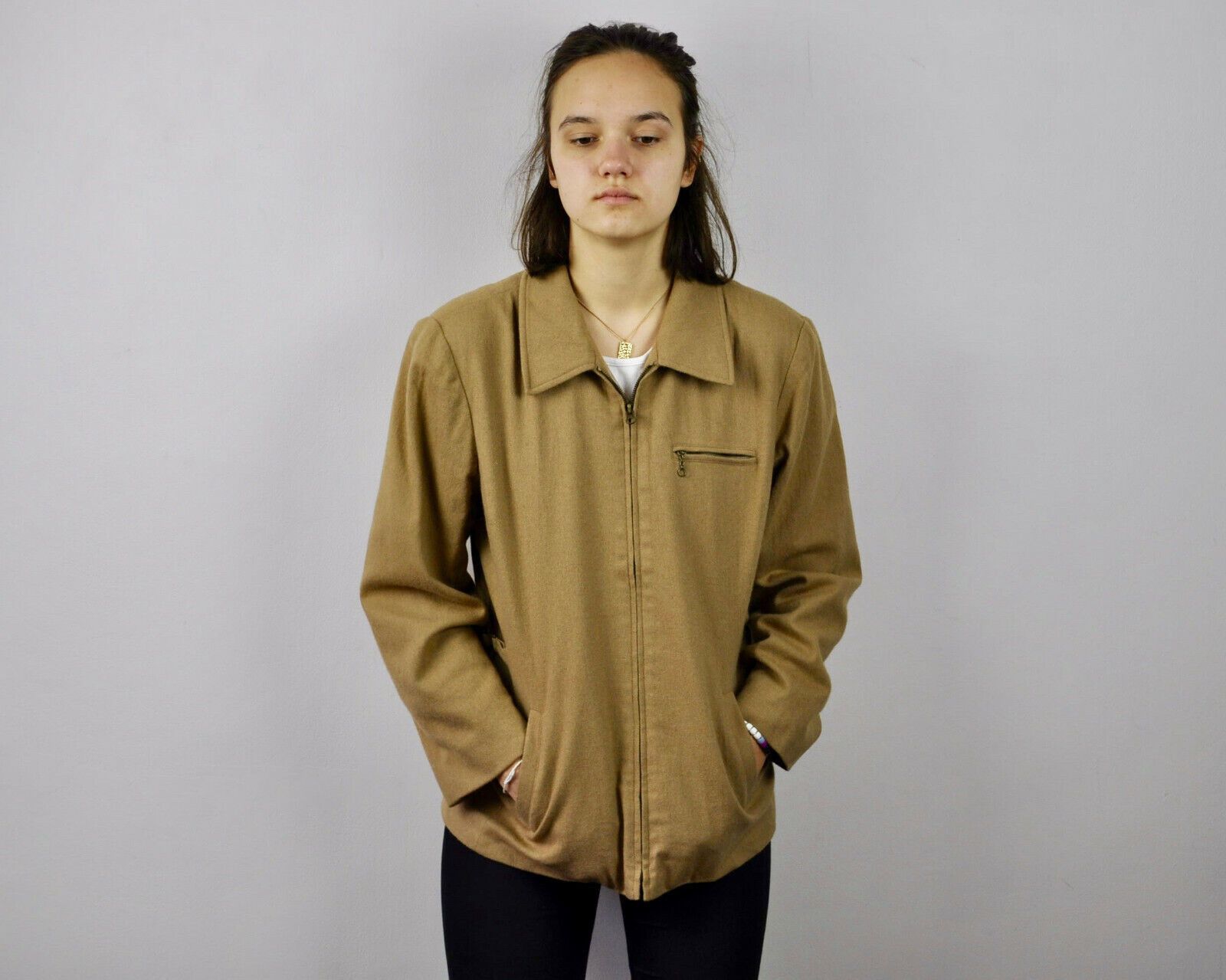 Jones New York JONES & CO Suit Jacket Wool Blend Zip Coat US 12 Tan UK 16 Size L / US 10 / IT 46 - 1 Thumbnail