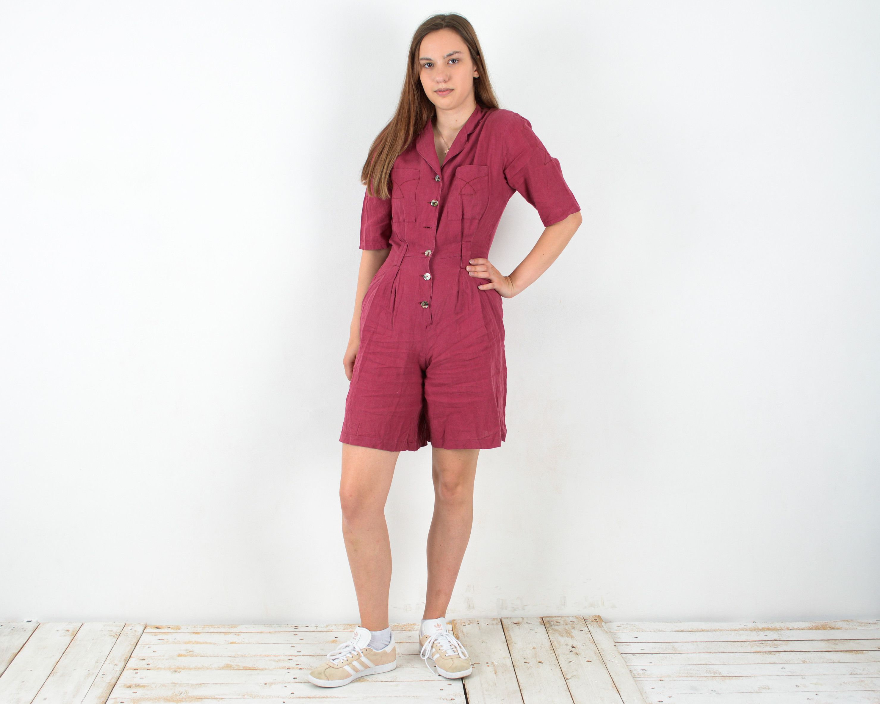 Other × Vintage 90s Burgundy Linen Overall Romper UK 8 Playsuit US 4 Shorts Size 30" / US 8 / IT 44 - 2 Thumbnail