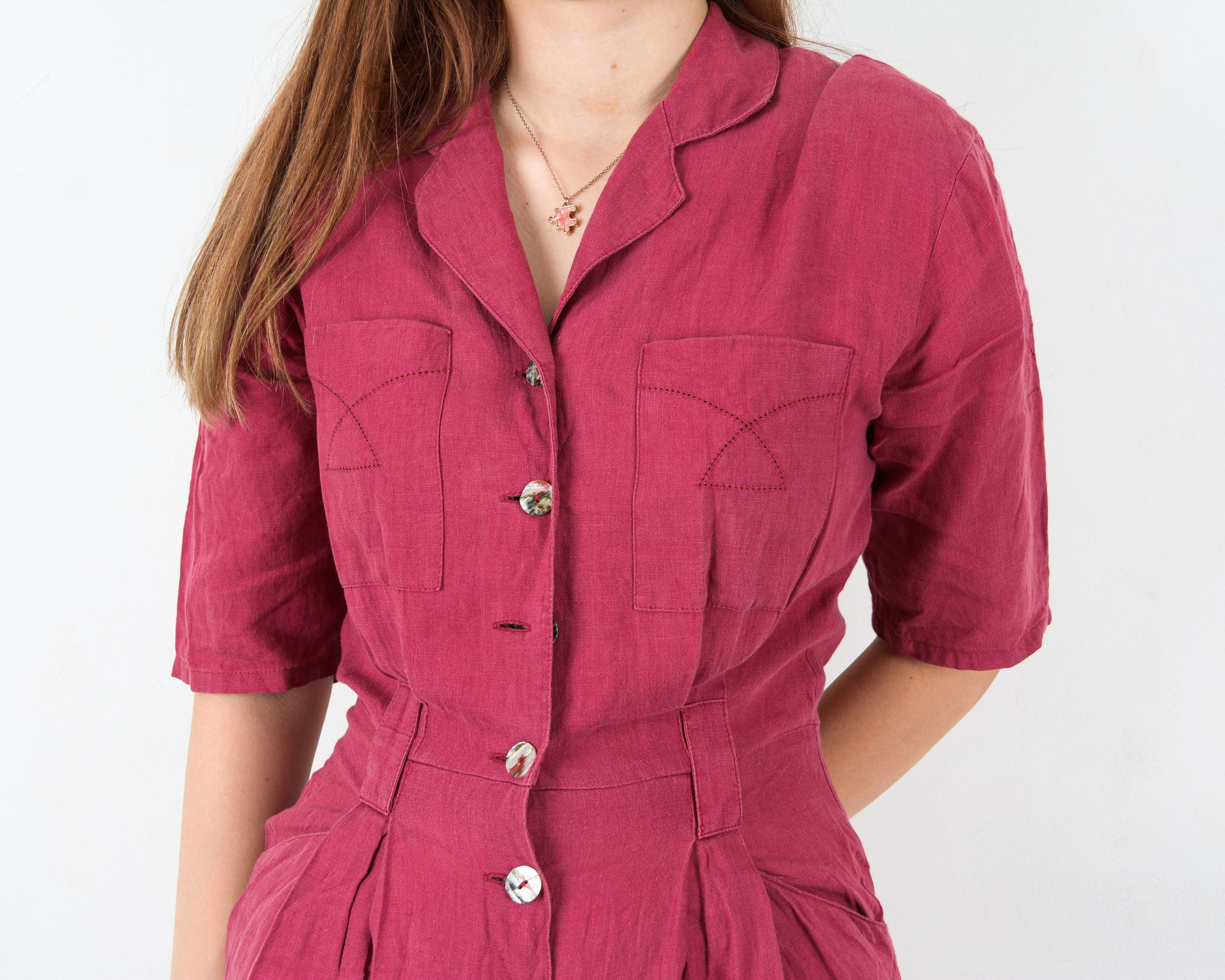 Other × Vintage 90s Burgundy Linen Overall Romper UK 8 Playsuit US 4 Shorts Size 30" / US 8 / IT 44 - 5 Thumbnail