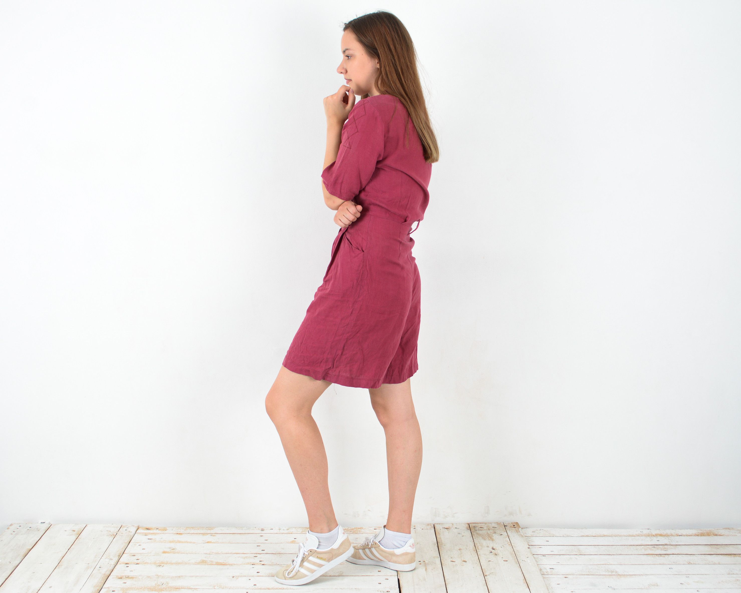 Other × Vintage 90s Burgundy Linen Overall Romper UK 8 Playsuit US 4 Shorts Size 30" / US 8 / IT 44 - 3 Thumbnail