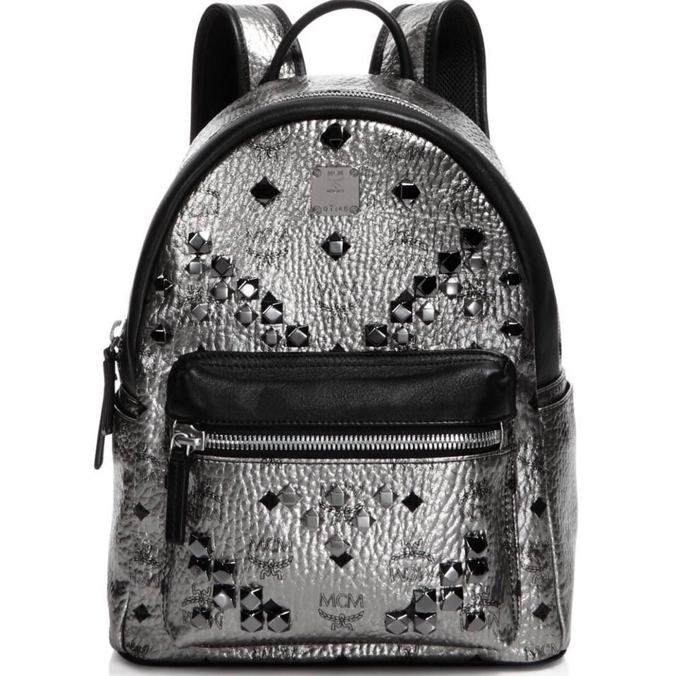 MCM Studded Stark Silver Metallic Backpack MCM Metallic Silver Monogram Visetos Studded Small Stark  main image 4