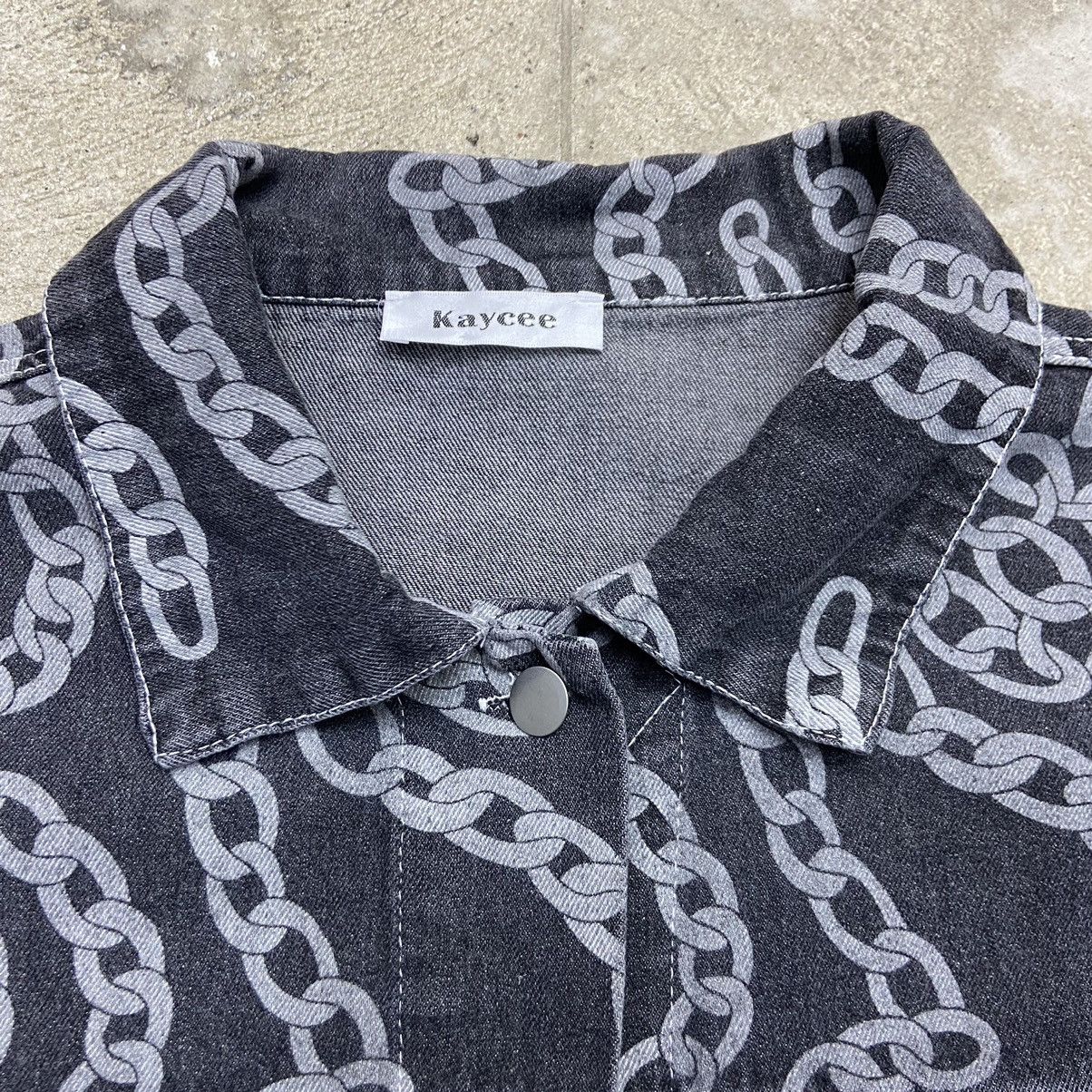 Vintage ARCHIVE VERSACE STYLE KAYCEE CHAINS DENIM JACKET - № 2035 Size US L / EU 52-54 / 3 - 8 Thumbnail