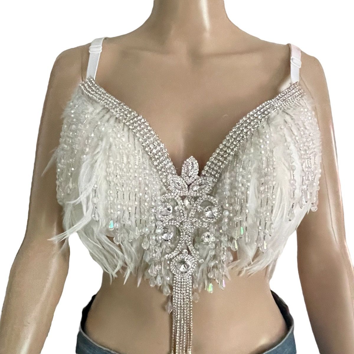 Custom made feathered/embellished costume bra