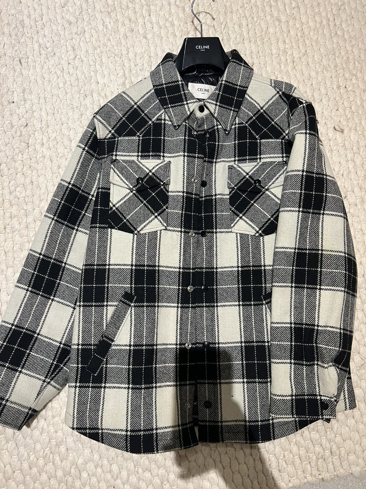 CELINE | CHECKED WOOL HOODED フード付きシャツ CELINE HOMME Checked Wool and Logo-Print Cotton-Jersey