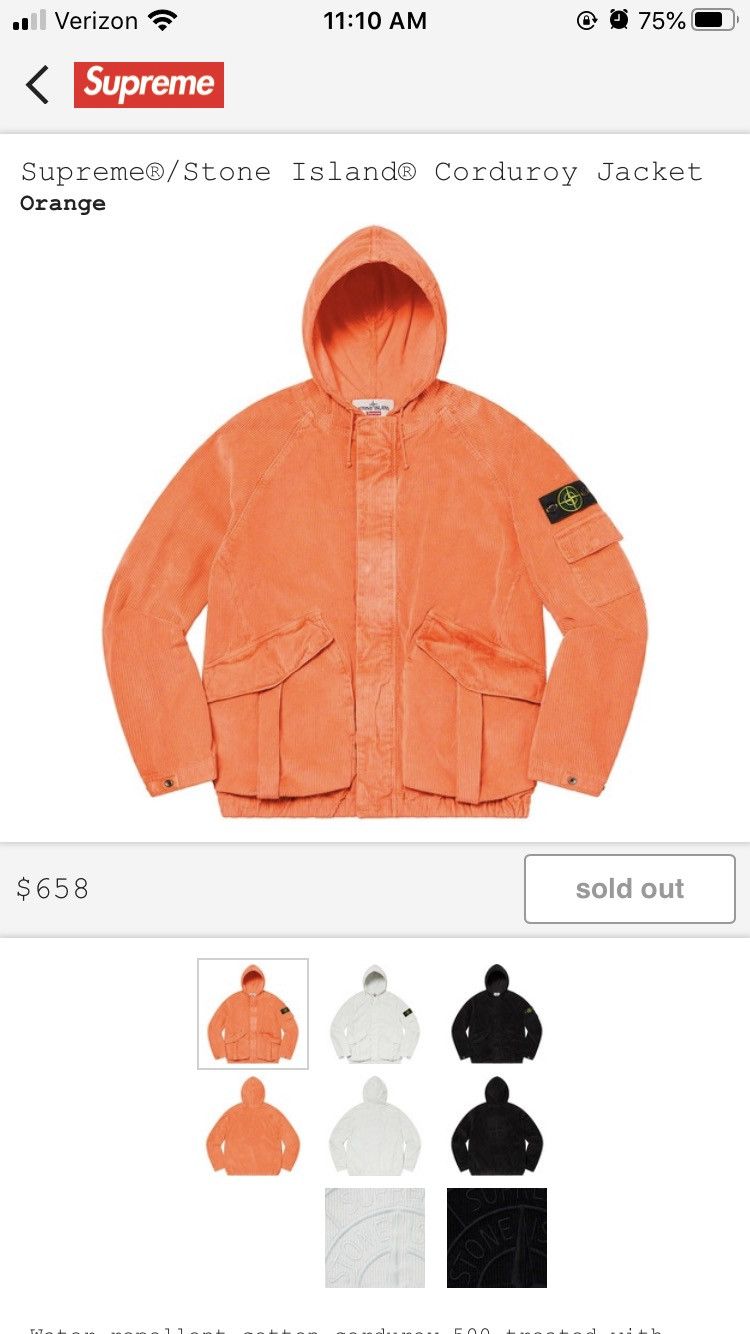 Stone Island × Supreme Supreme Stone Island Corduroy Jacket Orange Medium Size US M / EU 48-50 / 2 - 2 Thumbnail