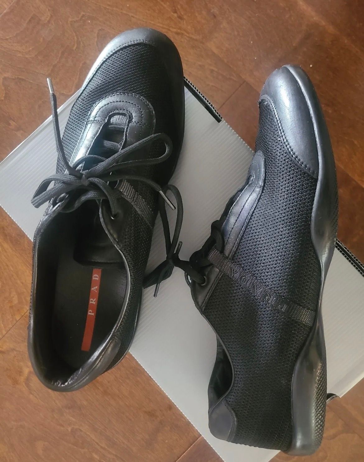 Pre-owned Prada Mesh Calzaturre Bike Black Leather Sneakers 12/45