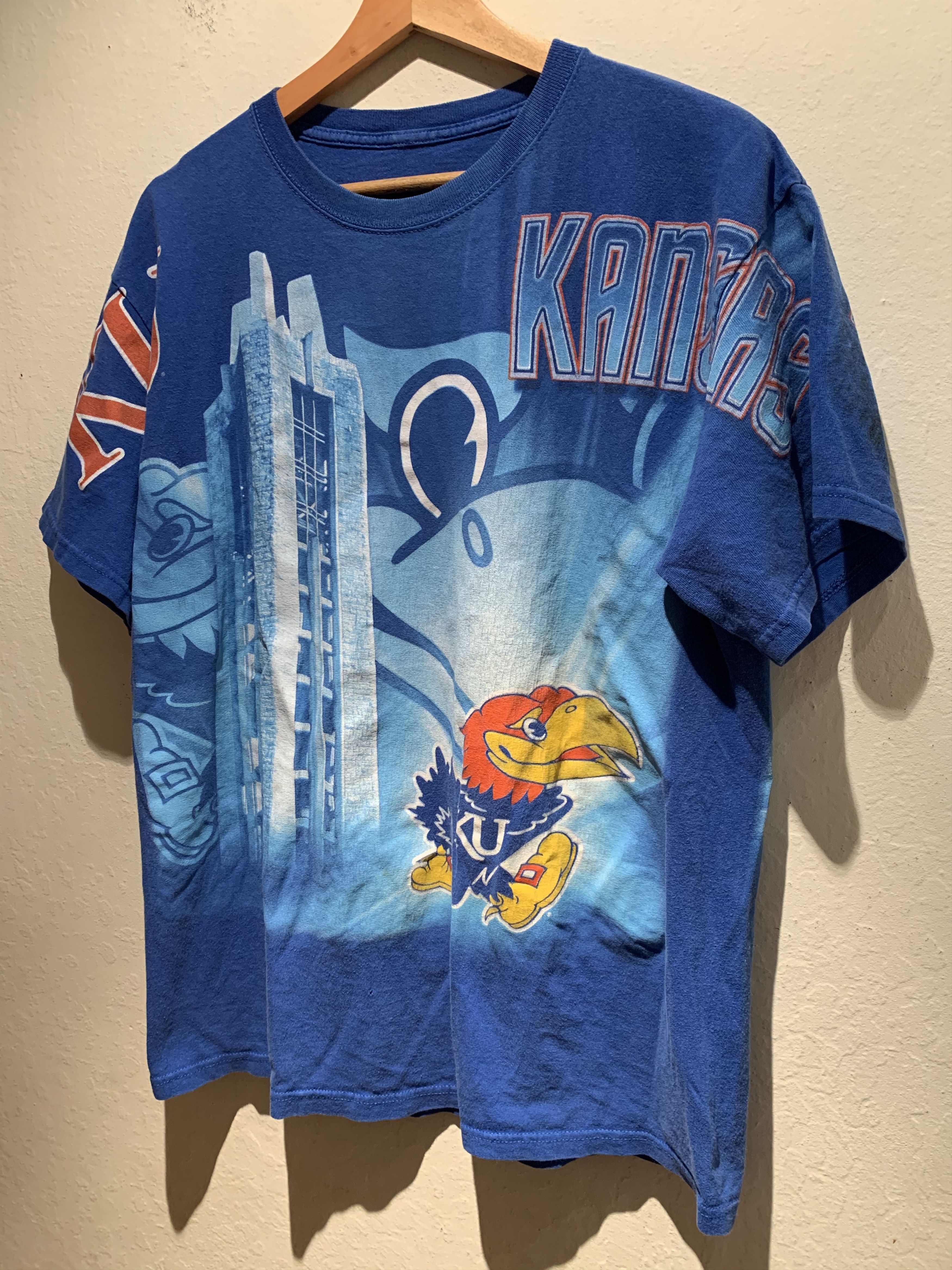 image of American College x Collegiate Vintage Kansas Ku Jayhawks All-Over Print T-Shirt in Blue/White/Red (