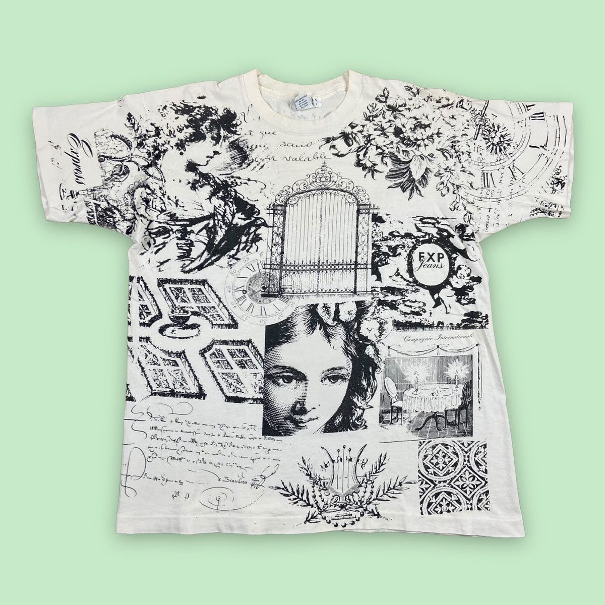 Vintage 90s All Over Print Art Sketch AOP Graphic T-Shirt