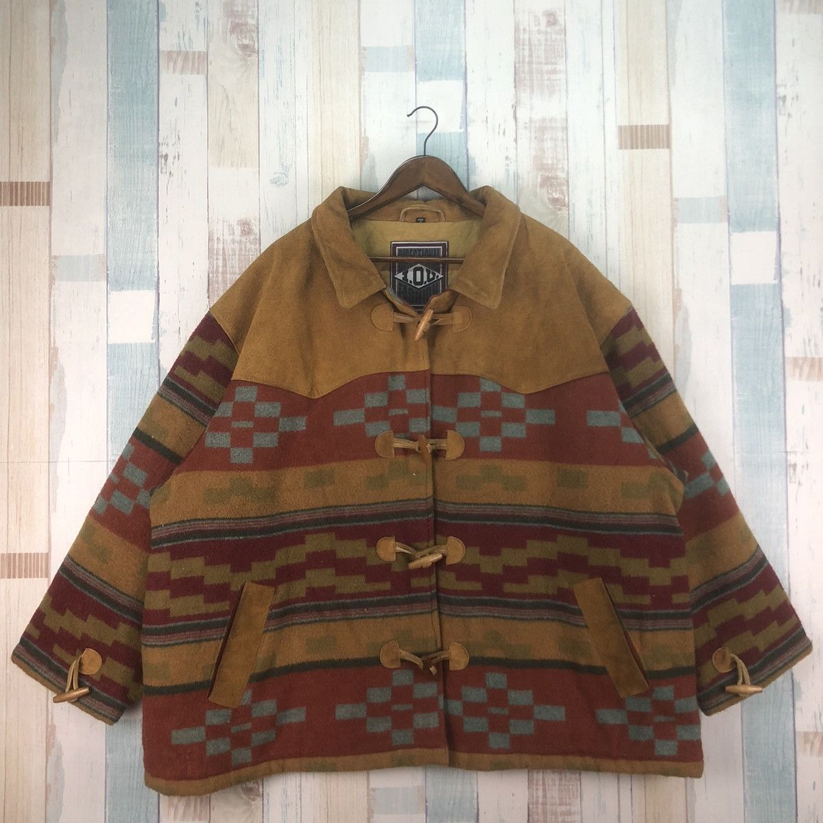 Native × Vintage Rare Vintage Aztec Navajo Wool Leather Jacket Size US XL / EU 56 / 4 - 1 Thumbnail