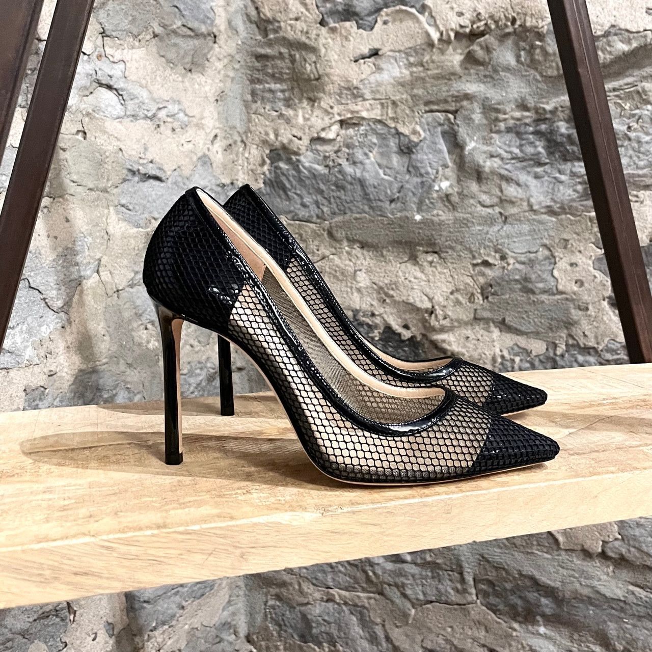 Jimmy Choo Black Patent Romy Mesh 100 Pumps