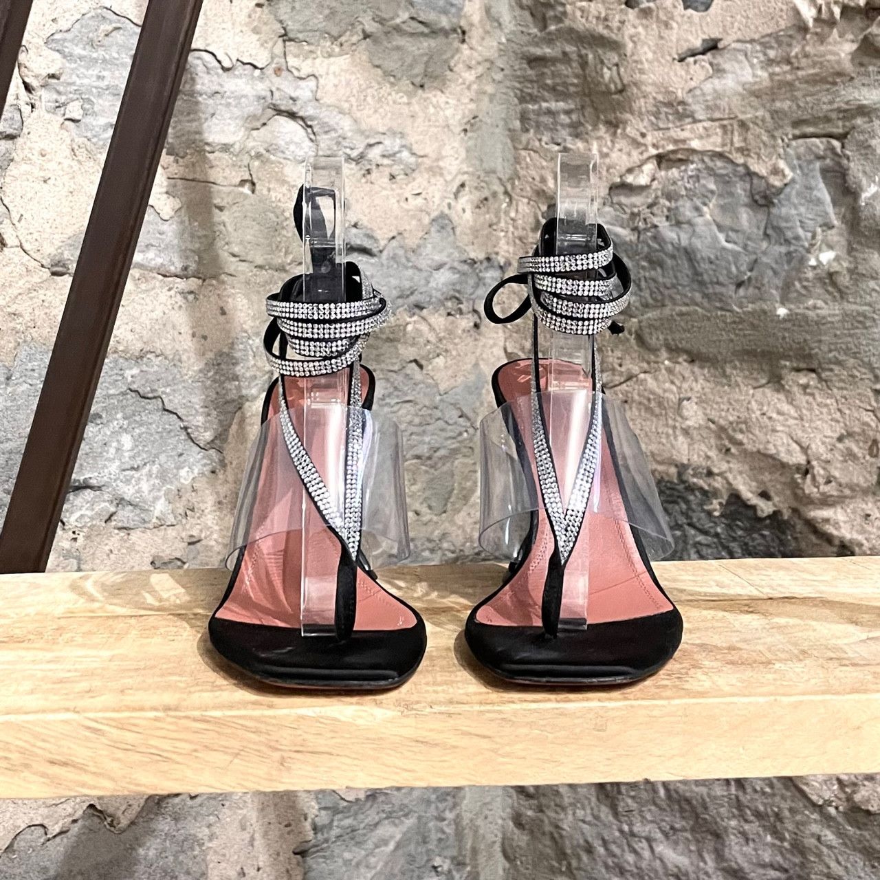 Amina Muaddi Amina Muaddi Zula Black Satin Clear Rhinestone Thong Sandals Size US 8.5 / IT 38.5 - 3 Thumbnail