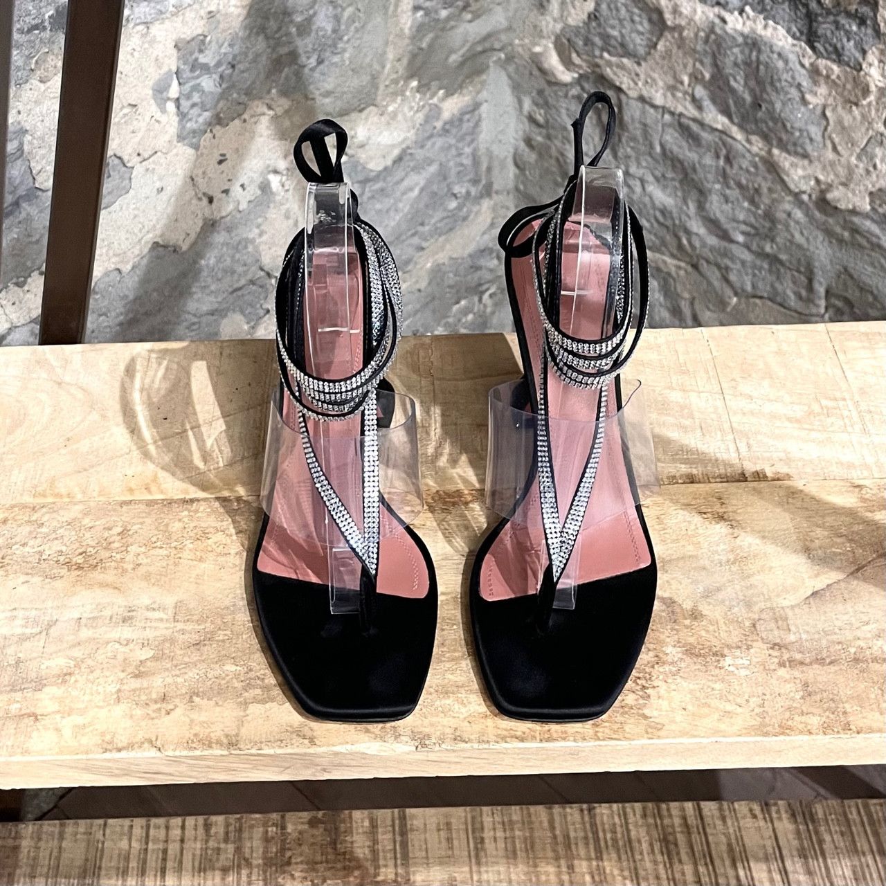 Amina Muaddi Amina Muaddi Zula Black Satin Clear Rhinestone Thong Sandals Size US 8.5 / IT 38.5 - 2 Thumbnail