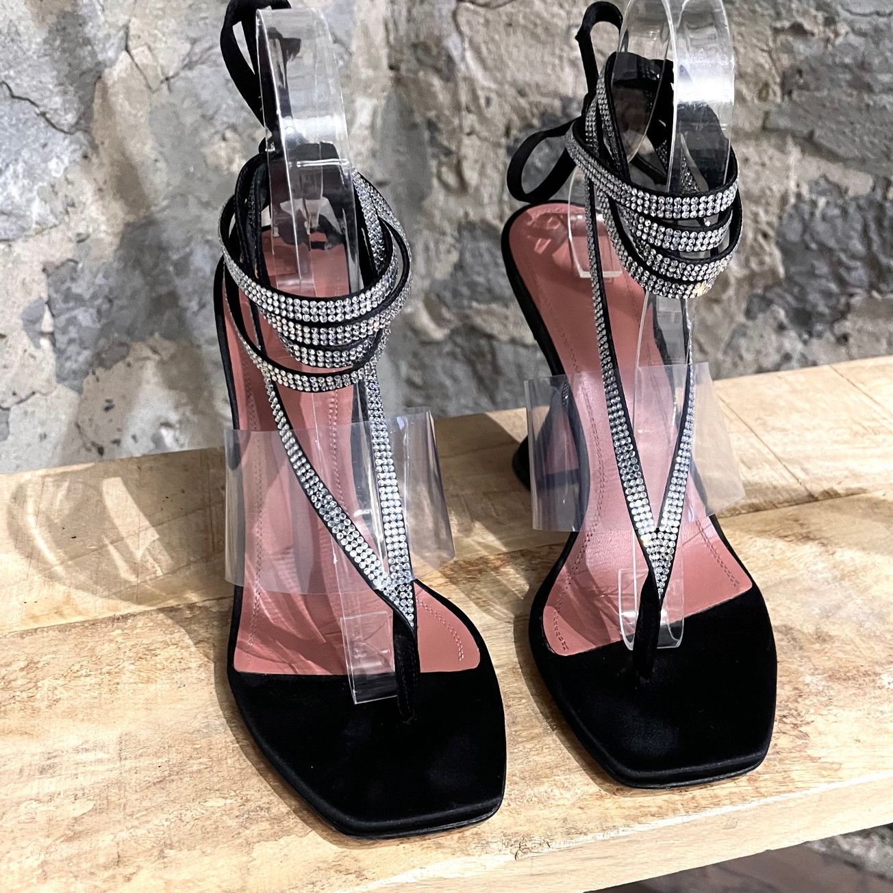 Amina Muaddi Amina Muaddi Zula Black Satin Clear Rhinestone Thong Sandals Size US 8.5 / IT 38.5 - 4 Thumbnail