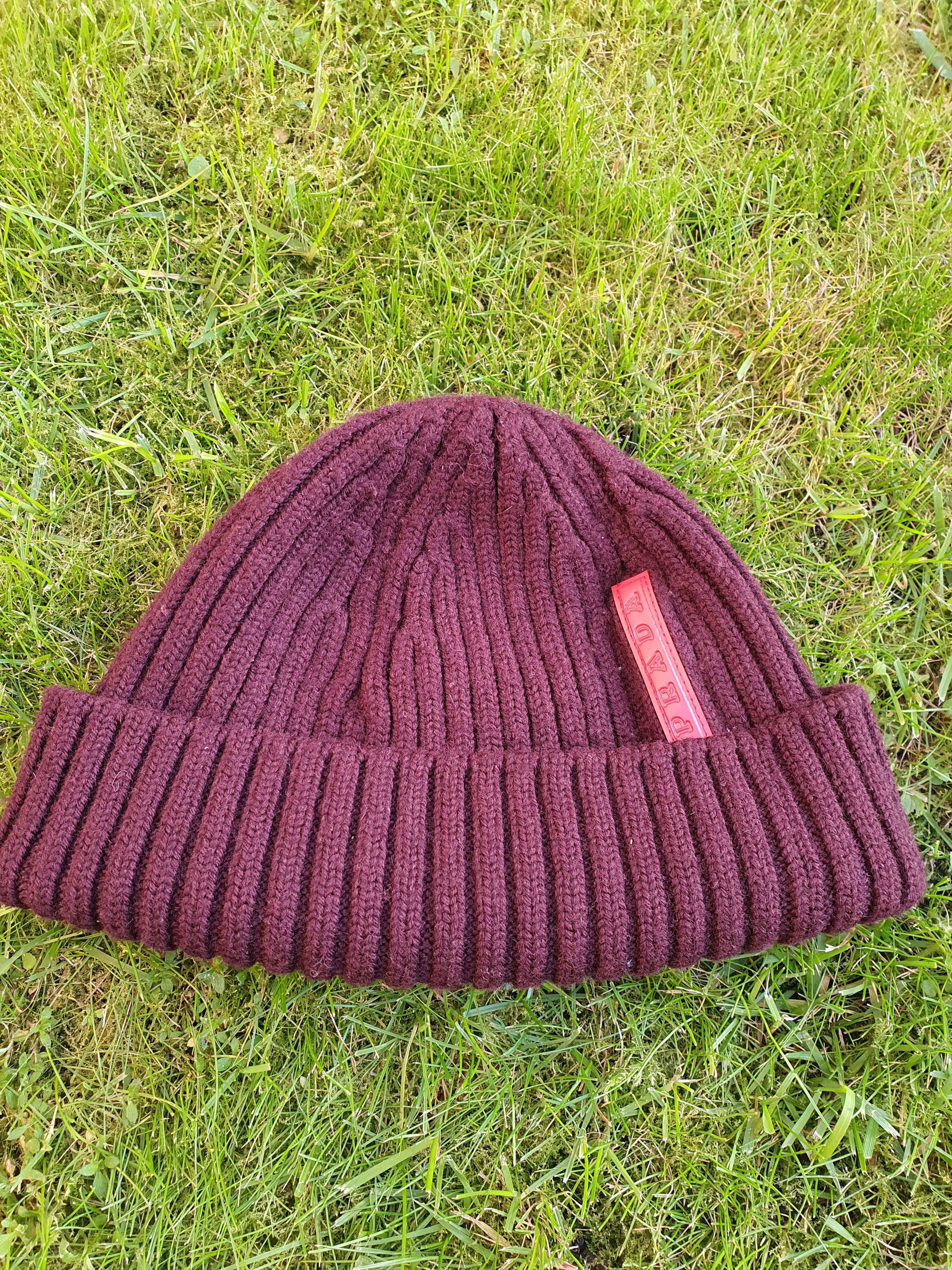 Prada Red Tab Wool Ribbed Beanie