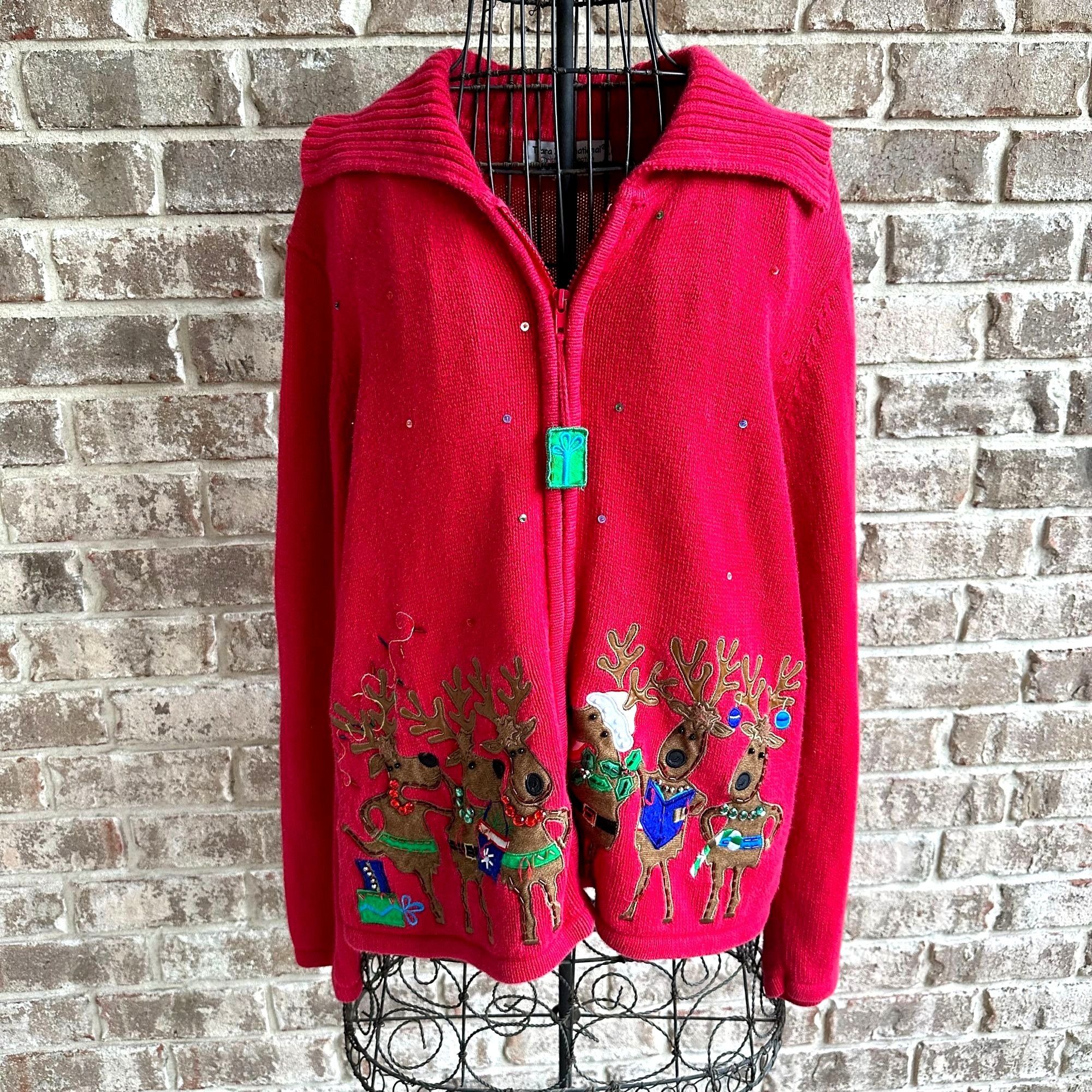 Vintage Tiara International Christmas Reindeer Cardigan Large? Size L / US 10 / IT 46 - 1 Thumbnail