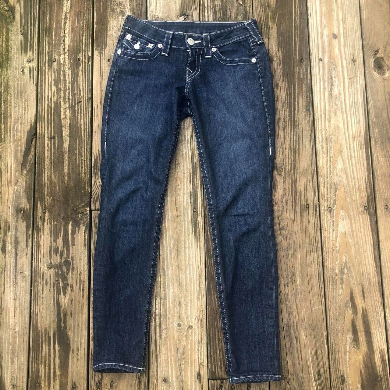 True Religion Dark Blue Skinny Jeans white trim stitch - Main Image