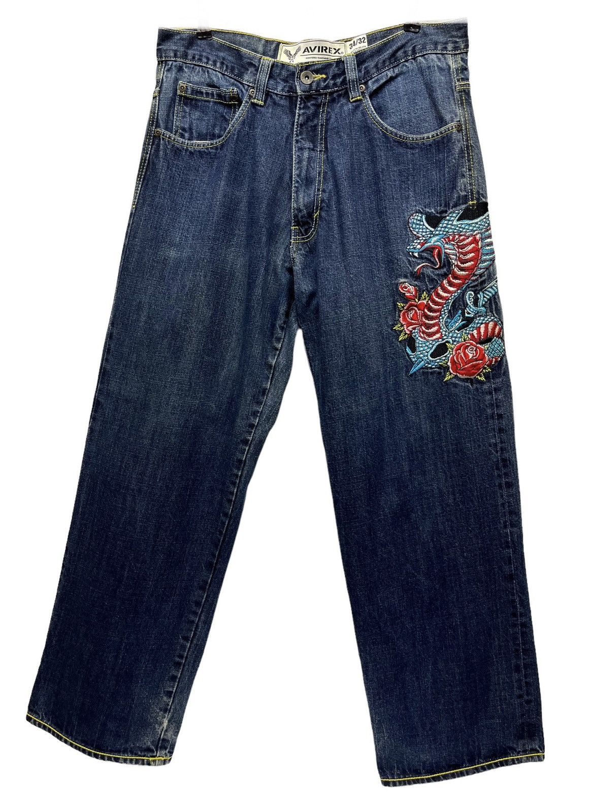 Avirex Embroidery Tattoo Cobra Sword Roses Baggy Fit Karakuri Denim Size US 33 - 4 Thumbnail
