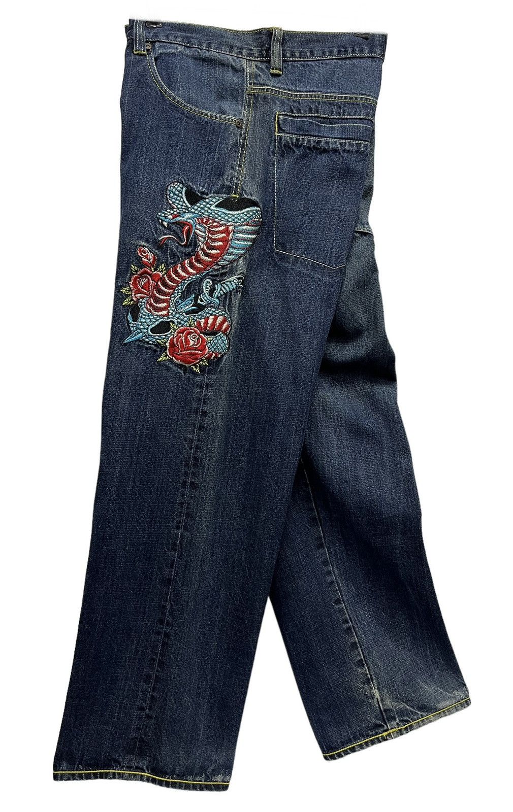Avirex Embroidery Tattoo Cobra Sword Roses Baggy Fit Karakuri Denim Size US 33 - 5 Thumbnail