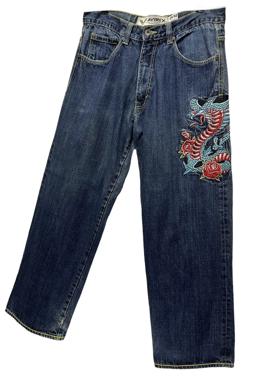 Avirex Embroidery Tattoo Cobra Sword Roses Baggy Fit Karakuri Denim Size US 33 - 1 Thumbnail