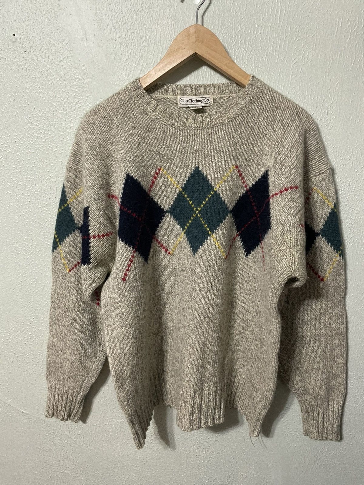 Vintage 1980s Gap Argyle Clown Band Knit Wool Sweater