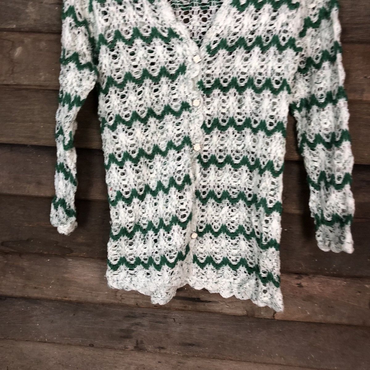 Japanese Brand Japan crochet mesh net Green Stripe Cardigan #039 Size US S / EU 44-46 / 1 - 3 Thumbnail