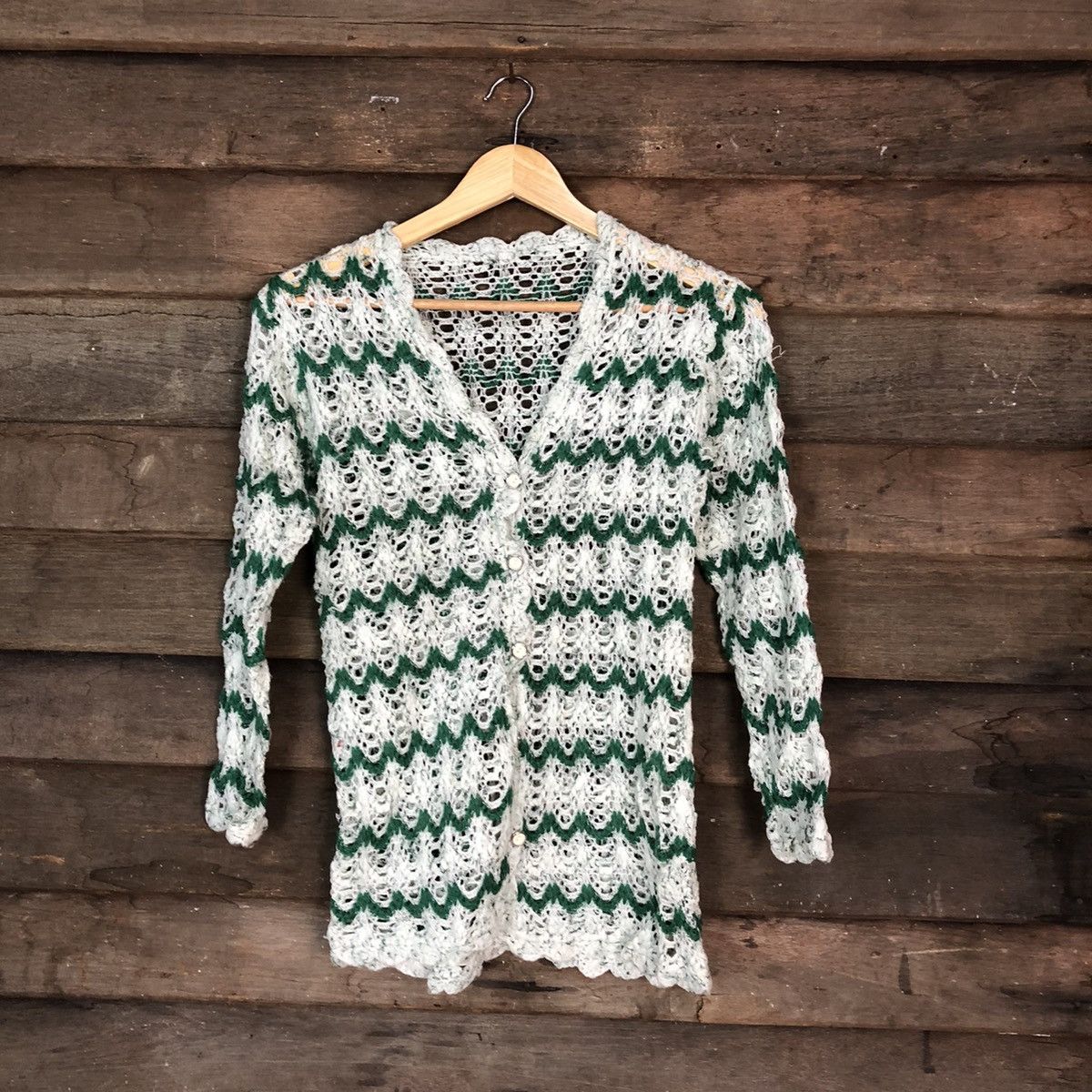 Japanese Brand Japan crochet mesh net Green Stripe Cardigan #039 Size US S / EU 44-46 / 1 - 1 Thumbnail