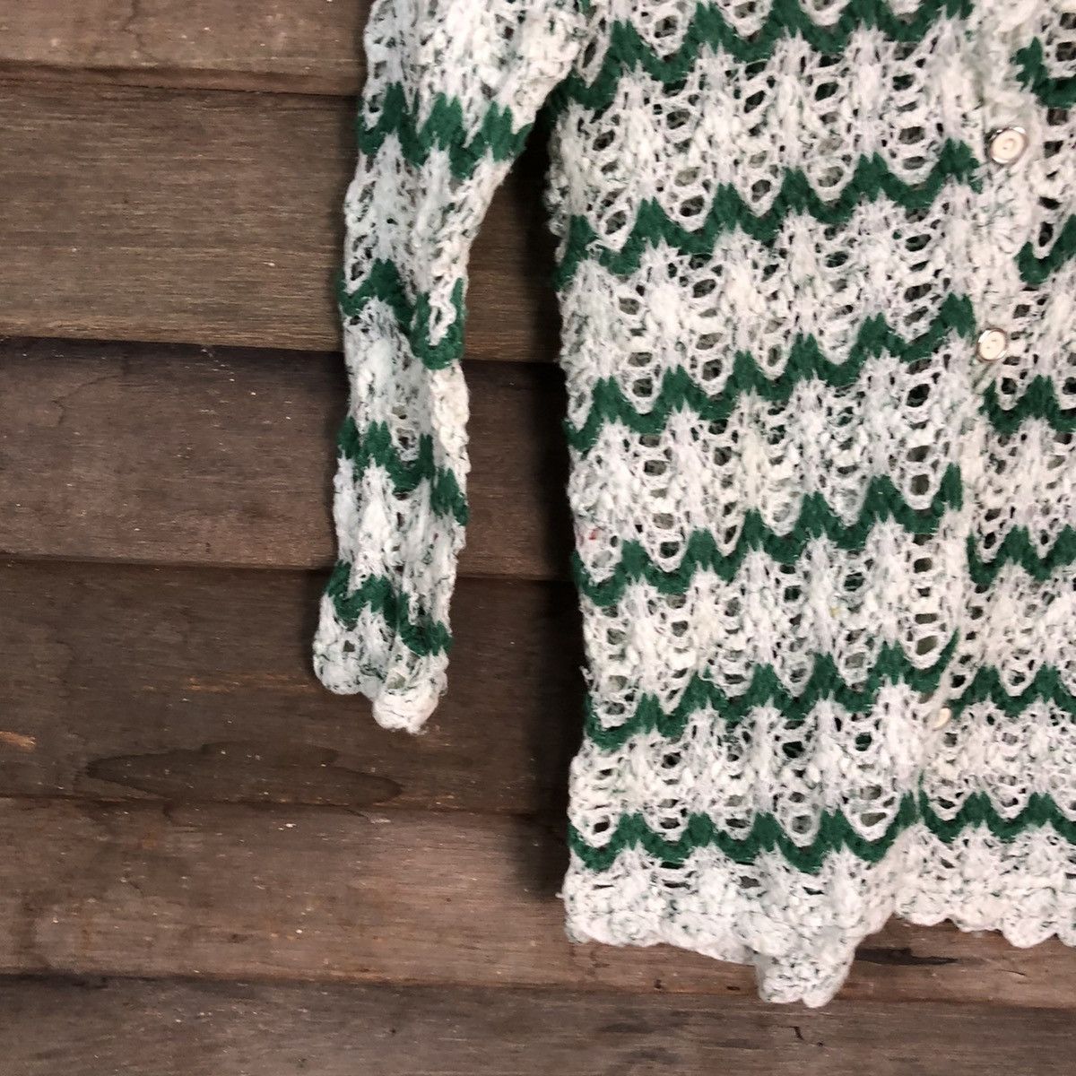 Japanese Brand Japan crochet mesh net Green Stripe Cardigan #039 Size US S / EU 44-46 / 1 - 4 Thumbnail