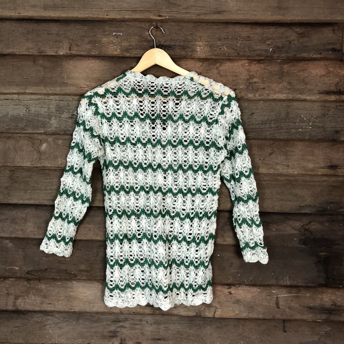 Japanese Brand Japan crochet mesh net Green Stripe Cardigan #039 Size US S / EU 44-46 / 1 - 7 Thumbnail