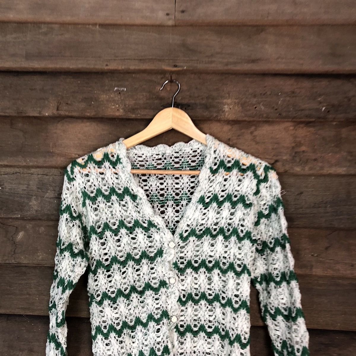 Japanese Brand Japan crochet mesh net Green Stripe Cardigan #039 Size US S / EU 44-46 / 1 - 2 Thumbnail
