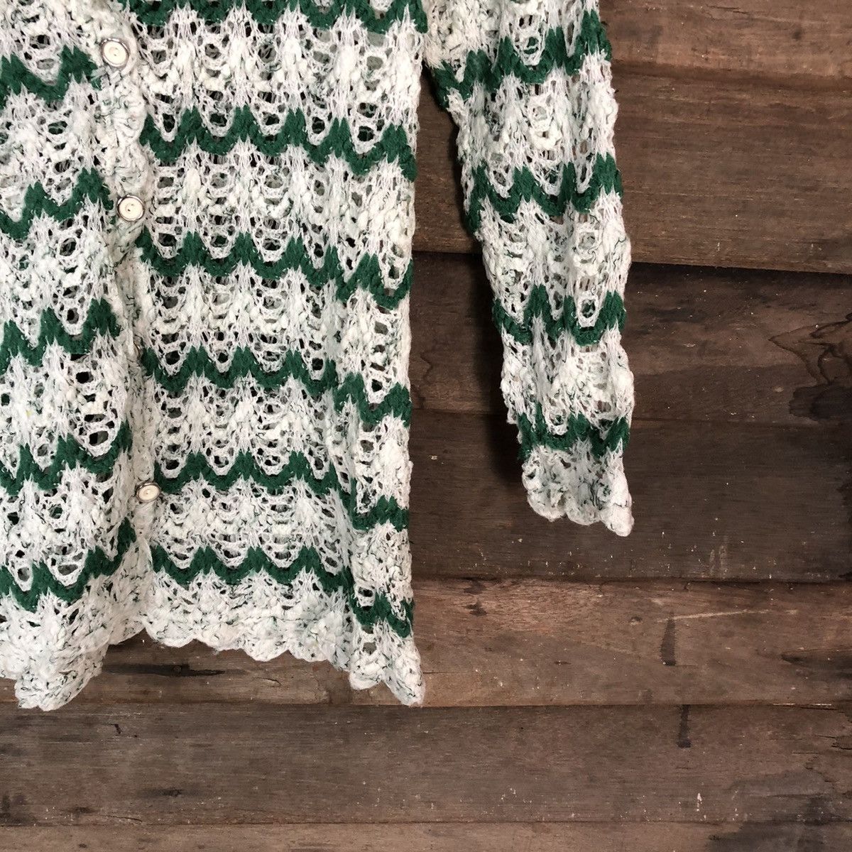 Japanese Brand Japan crochet mesh net Green Stripe Cardigan #039 Size US S / EU 44-46 / 1 - 5 Thumbnail