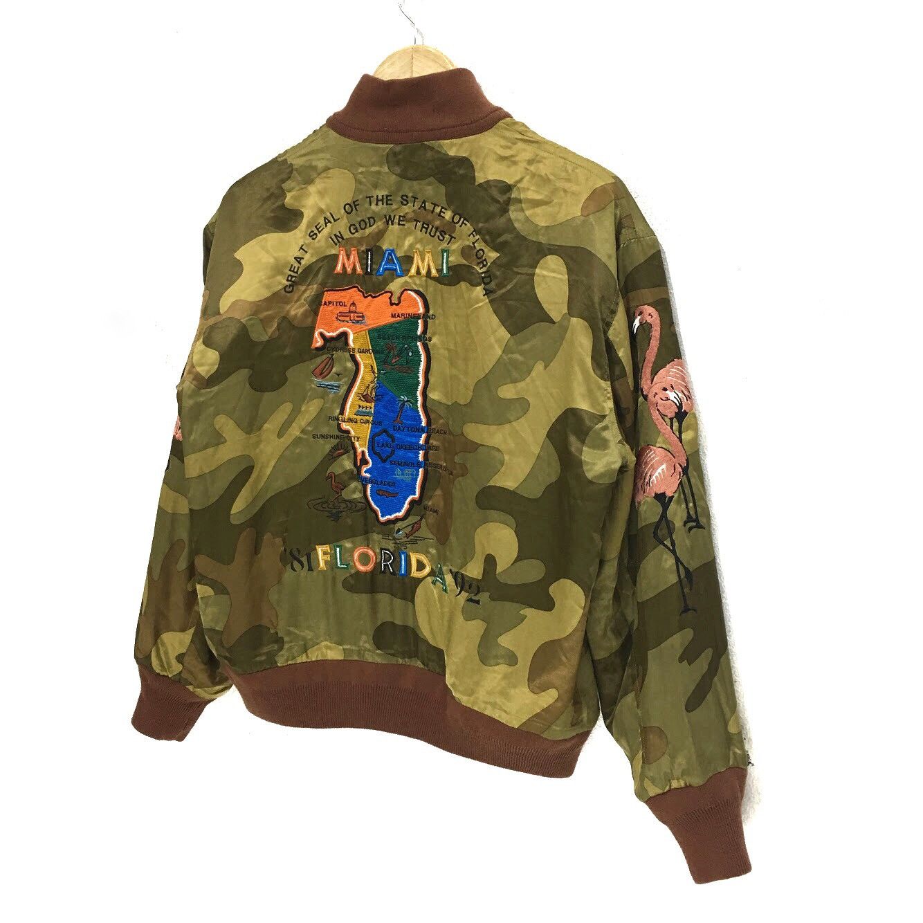 Vtg NICOLE SUKAJAN Flight Jacket Camo Reversible Flamingo