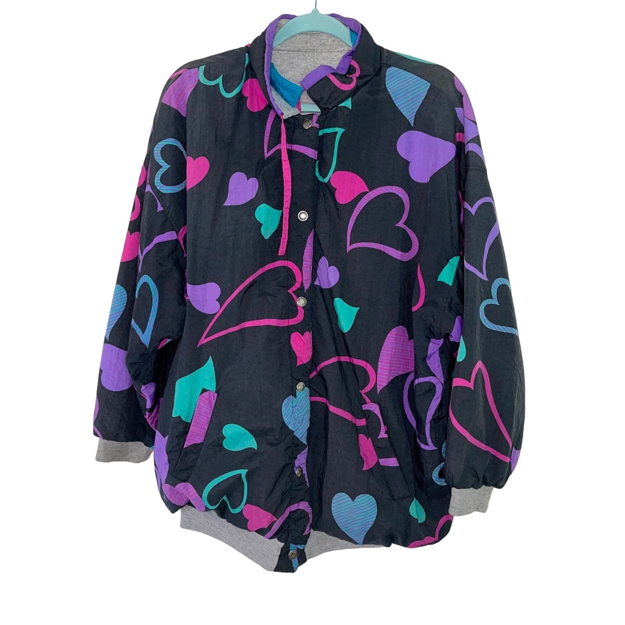 Vintage Womens Jacket One Size Reversible Knit Nylon Hearts