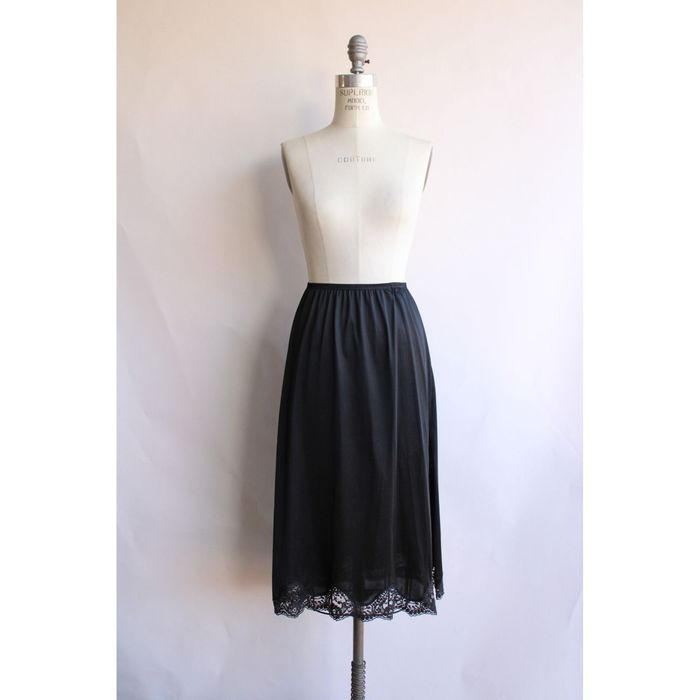 1950s Black Nylon Slip with Lace Hem & Bow Detail