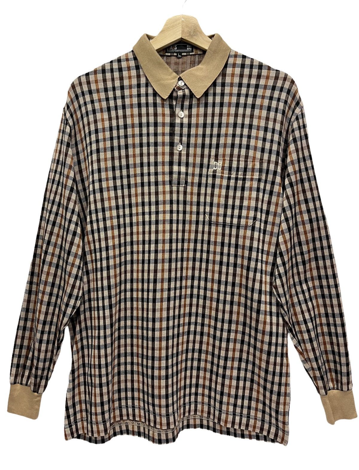 image of Daks London House Check Long-Sleeve Polo Shirt in Brown, Men's (Size Medium)