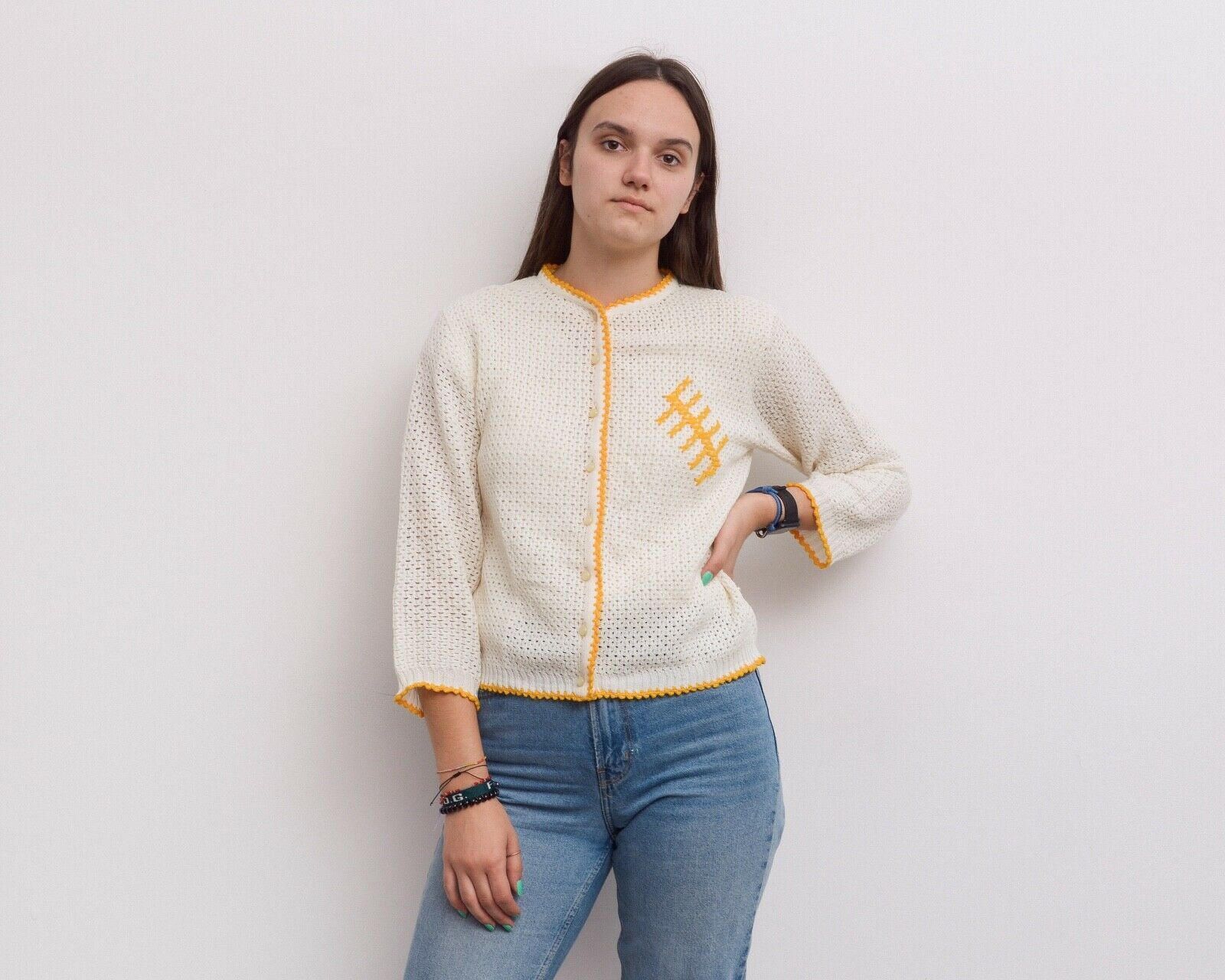 Other × Vintage Cardigan Sweater Jacket Knitted Crochet Cropped Embroidered Size M / US 6-8 / IT 42-44 - 2 Thumbnail