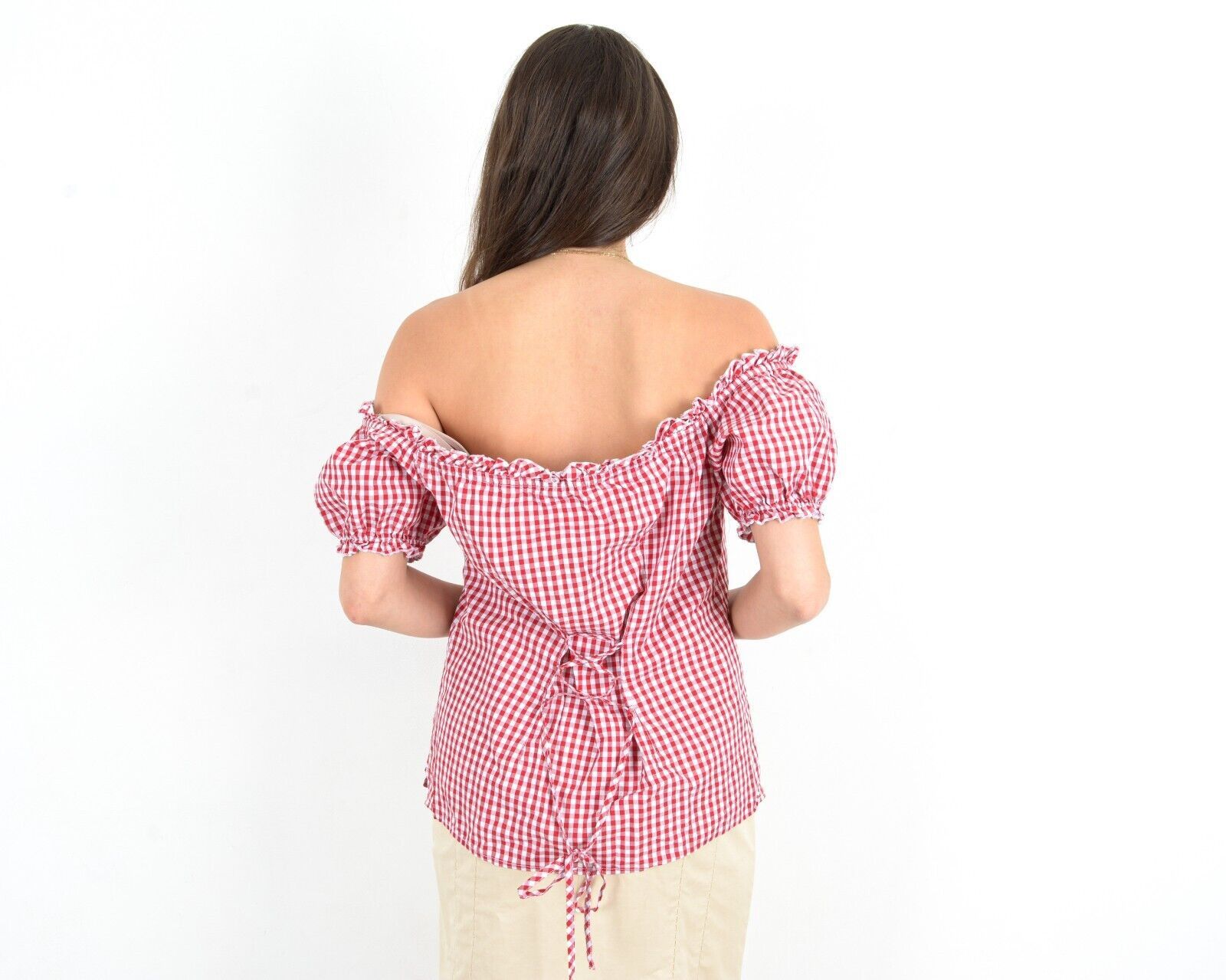 Other × Vintage Checked Bavarian Top Blouse Shirt Plaid Of The Shoulder Size M / US 6-8 / IT 42-44 - 3 Thumbnail